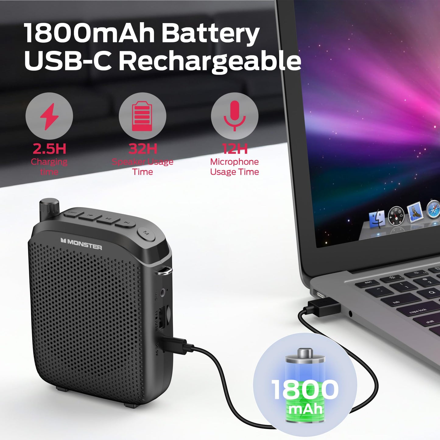 Monster Phonic 20 Voice Amplifier, 15W Portable Voice Amplifier for Teachers, Bluetooth PA Speaker with Wired Microphone, Portable Speaker with Microphone for Classroom, Teaching, Speaking
