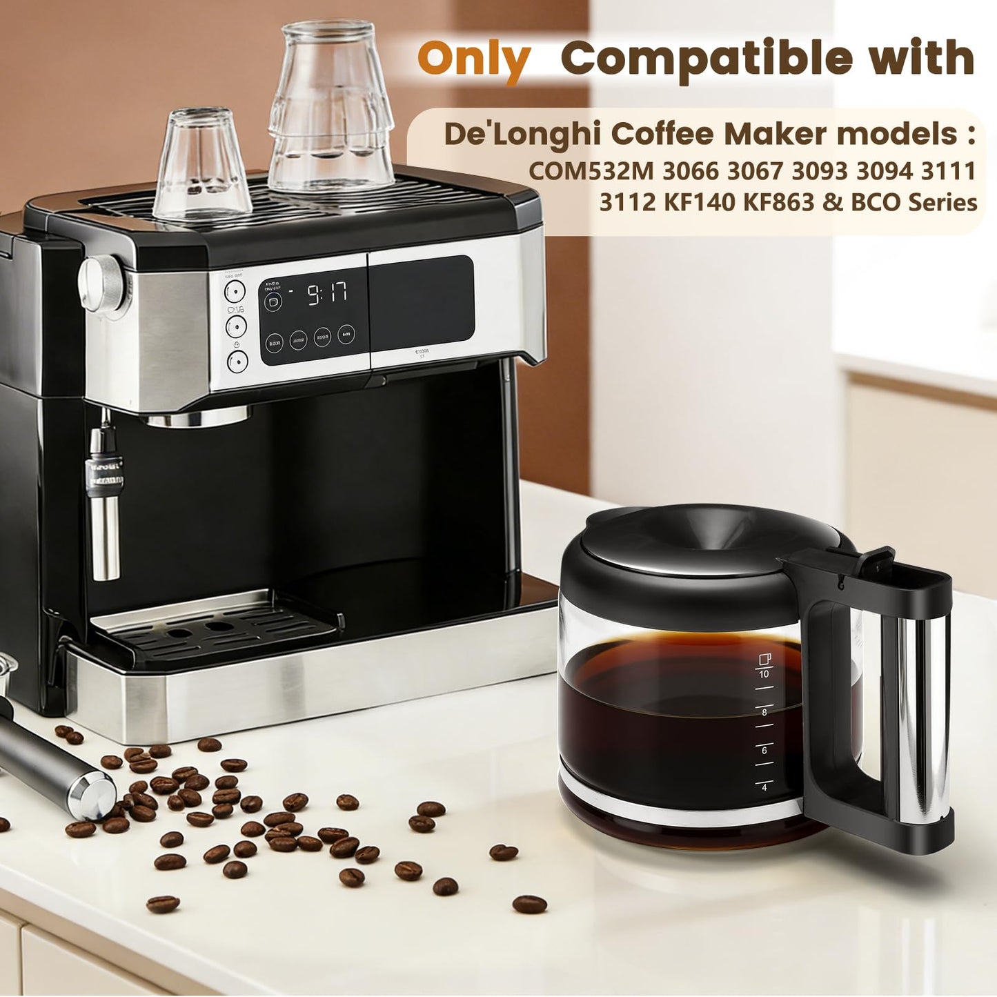 10-Cup Glass Carafe Replacement for De'Longhi Coffee Makers COM532M 3066 3067 3093 3094 3111 3112 KF140 KF863 & BCO Series, De'Longhi Coffee Pot Replacement with Sturdy Handle