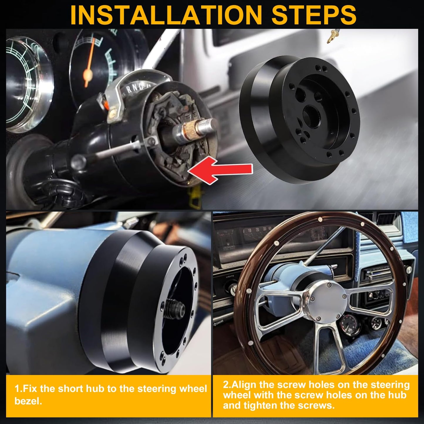 KIMISS 5/6 Hole Aluminum Steering Wheel Short Hub Adapter Kit - Quick Release Hub Adapter Direct Fit for GM Trucks 1982-1994, Racing Style, Easy Installation Easy Install Steering Wheel Kit (Black)
