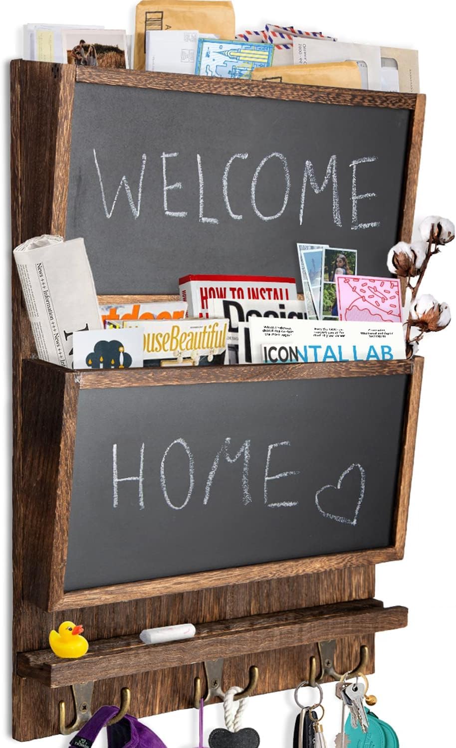 Rustic 2-Slot Mail Sorter Organizer for Wall with Chalkboard & 3 Double Key Hooks - Wooden Wall Mount Mail Holder Organizer – Rustic Brown
