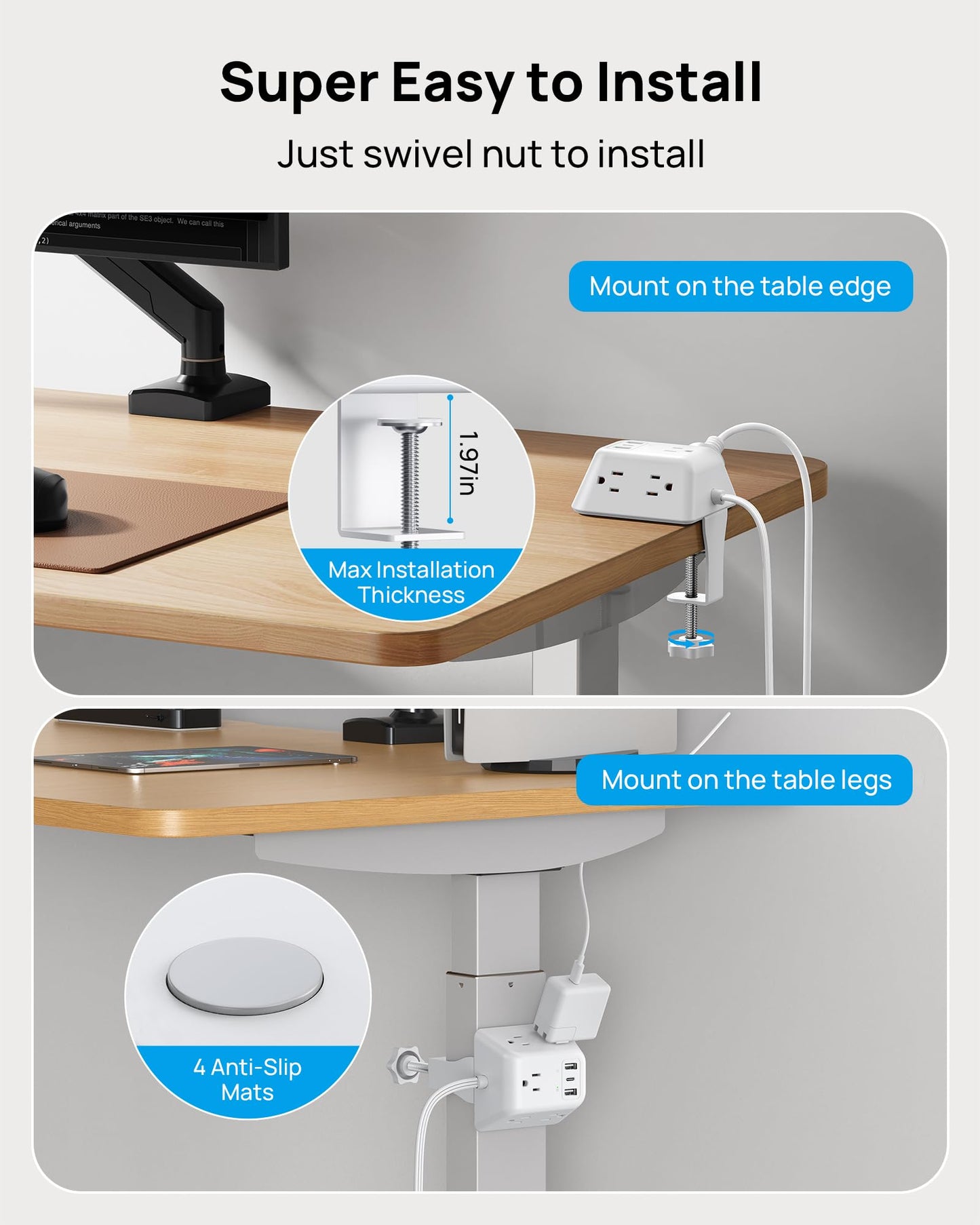 TROND Desk Clamp Power Bar Surge Protector with USB C Ports, Power Strip Charging Station with 5 Outlets, 6ft Slim Flat Plug Extension Cord Indoor, Fit 1.97" Tabletop Edge for Home Office Dorm, White