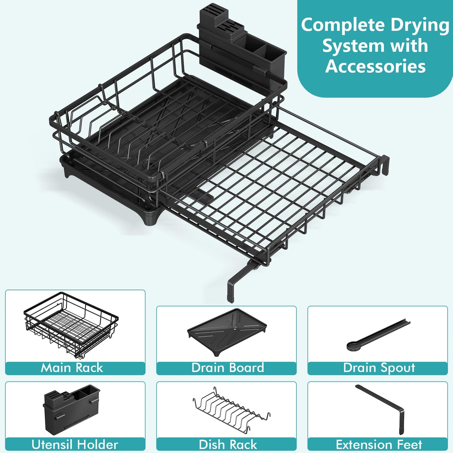 Large Dish Drying Rack,Expandable Dish Rack for Kitchen Counter,Dish Racks with Drain Board and Cutlery Holder,Kitchen Organizers and Storage,Black