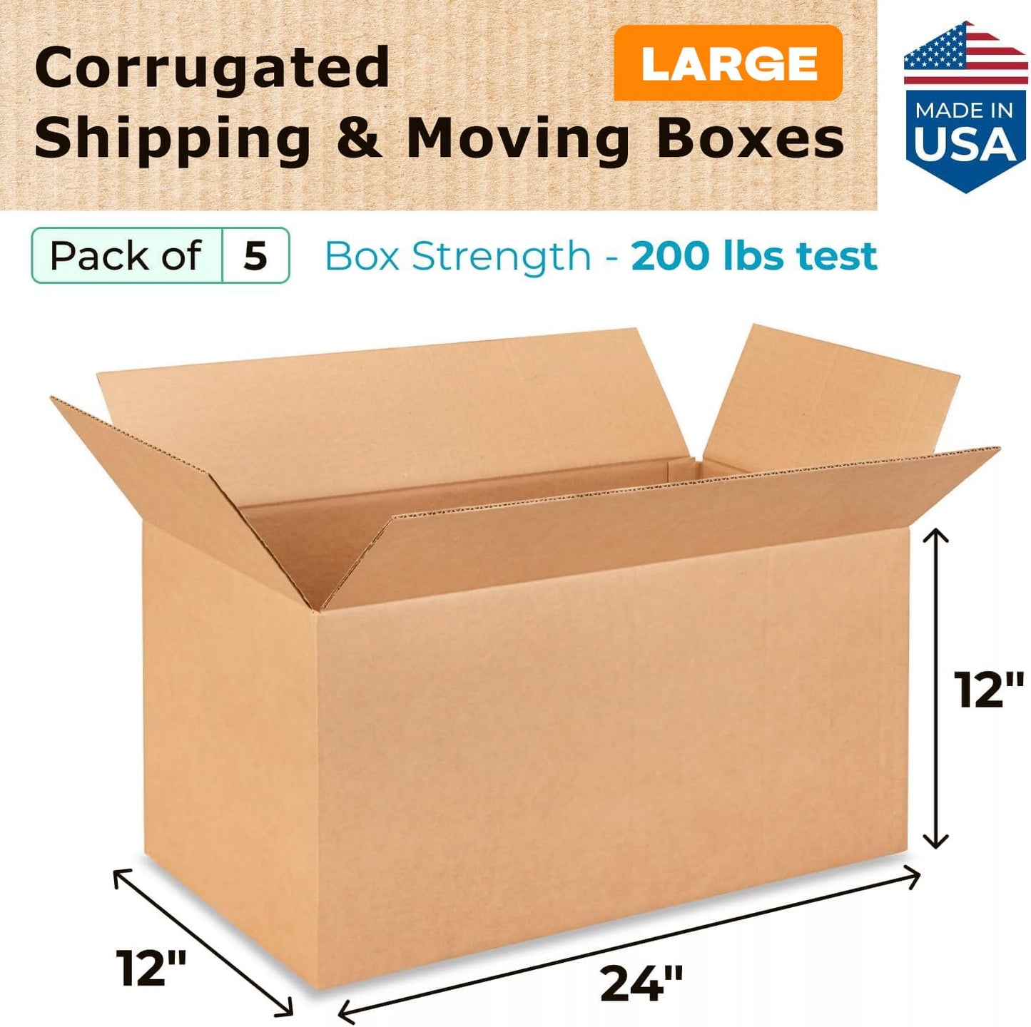 Large Shipping & Moving Boxes 24 x 12 x 12 inches (5-Pack) - Extra Strength 200 lb vs Regular - Corrugated Cardboard Boxes Moving - Large Moving Box for USPS, FEDEX by IDL Packaging