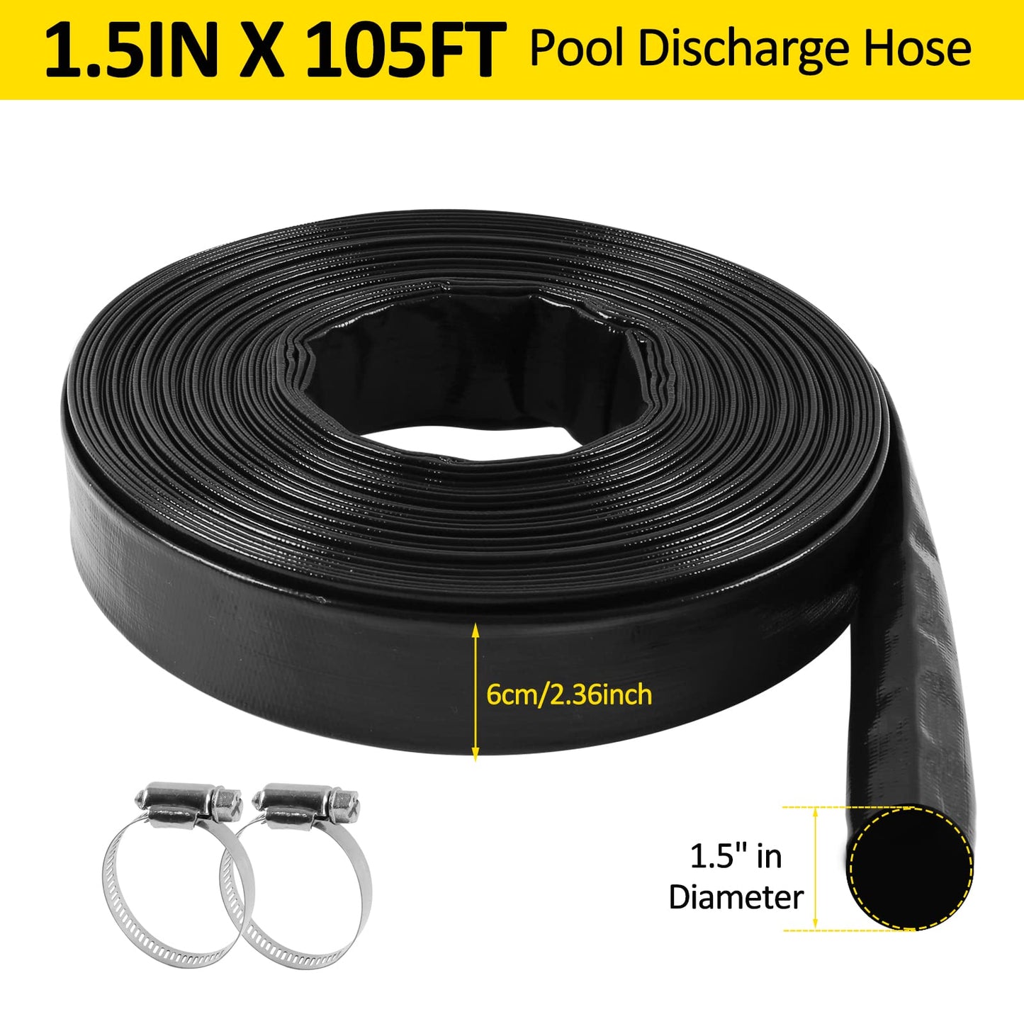 automoris 1-1/2" x 105' Black Sump Pump Hose,Swimming Pool Backwash Hose with 2 Clamp,Weather Resistant General Purpose Reinforced PVC Lay Flat Pool Drain Water Discharge Hose