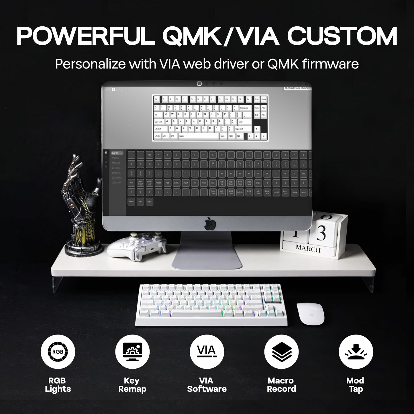 EPOMAKER G84 80% RGB Gaming Mechanical Keyboard, 2.4GHz/ Type-C/BT Wireless Keyboard, QMK/VIA Programmable, Hot-Swappable, NKRO, with Shine Through PBT Keycaps for Gamers (White, Creamy Jade Switch)