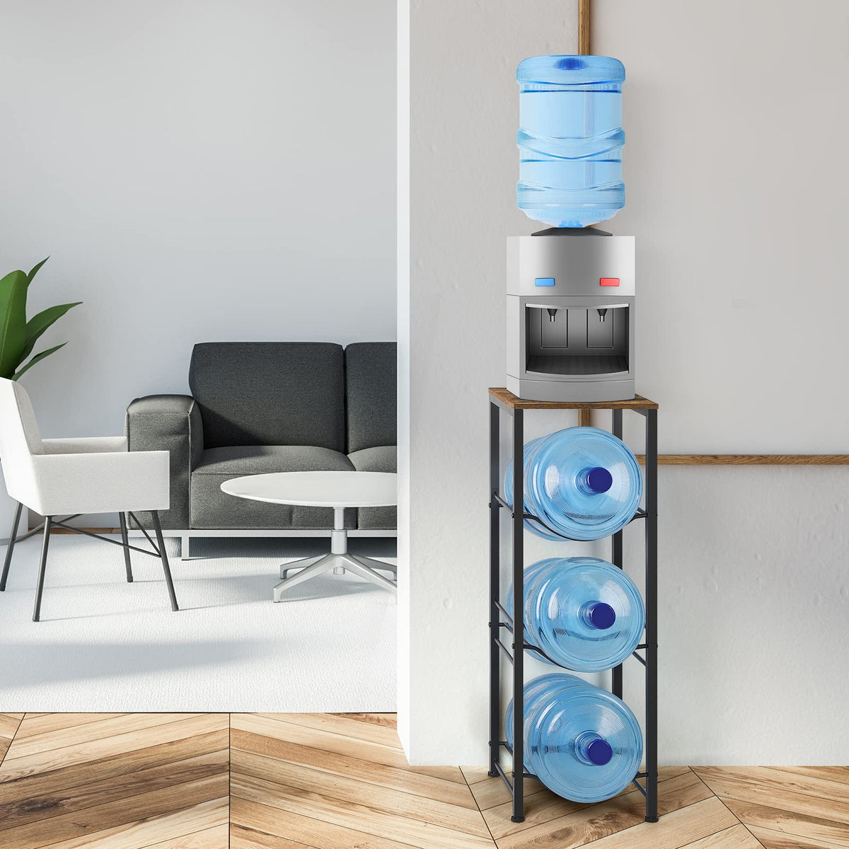 Water Jug Holder Rack 3-Tier Water Storage Organizer with Shelves for 5 Gallon Water Bottle Dispenser Stand for Office Kitchen Living Room Office, Rustic Brown