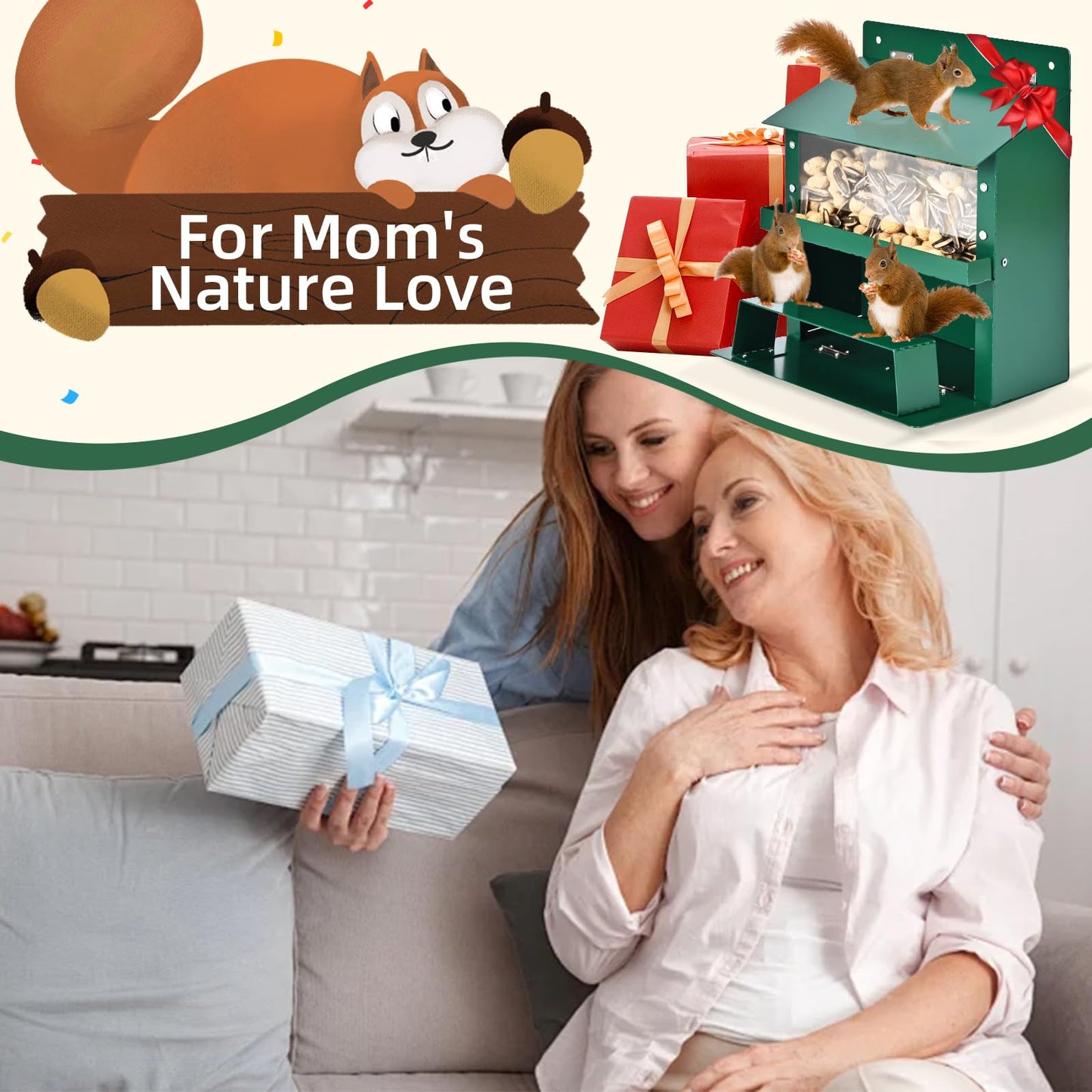Squirrel Feeders for Outside, Metal Squirrel Feeder with Flip Lid, Large Transparent Bin, Outdoor Hanging Squirrel Feeder for Squirrel, Chipmunks, Wildlife, Great Gift for Mom & Nature Lovers