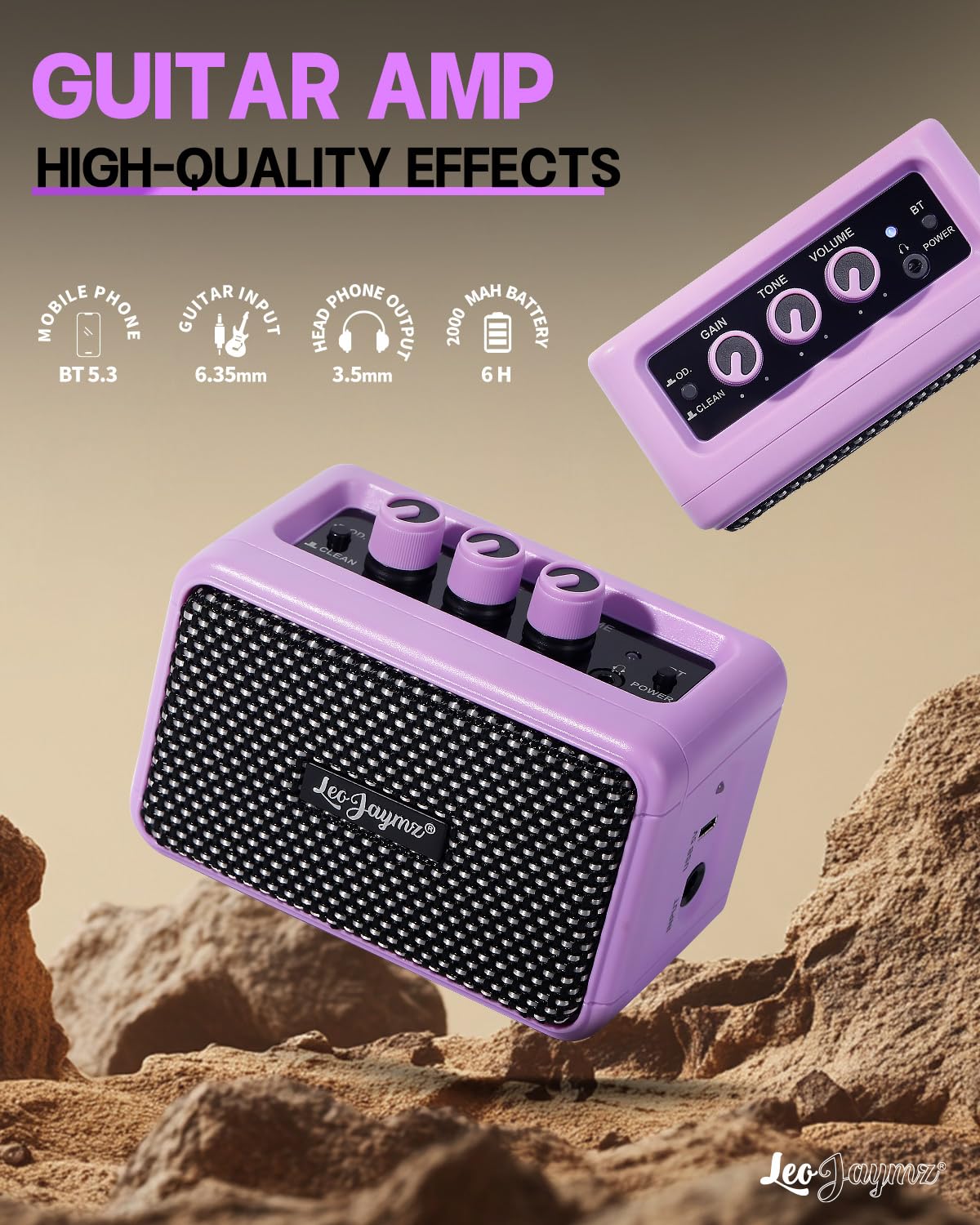 Leo Jaymz Mini Guitar Amplifier - 5W Dual Speaker BT Wireless Guitar Amp， Rechargeable Battery, Clean/Overdrive Modes, Headphone Jack,Ideal for Practice & Performance (Purple)