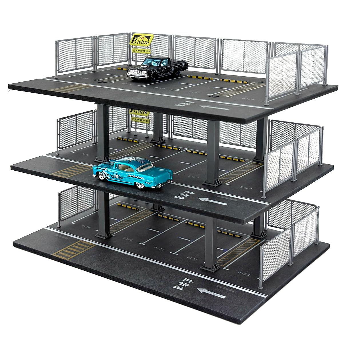 1/64 Scale Die-cast Model Car Display Case Organizer - Parking Garage Diorama Compatible with Hot Wheels Matchbox Mini GT,for Toy Car Display and Storage 15 Parking Spaces(Mesh Railing)