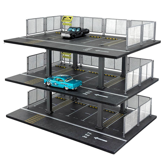 1/64 Scale Die-cast Model Car Display Case Organizer - Parking Garage Diorama Compatible with Hot Wheels Matchbox Mini GT,for Toy Car Display and Storage 15 Parking Spaces(Mesh Railing)