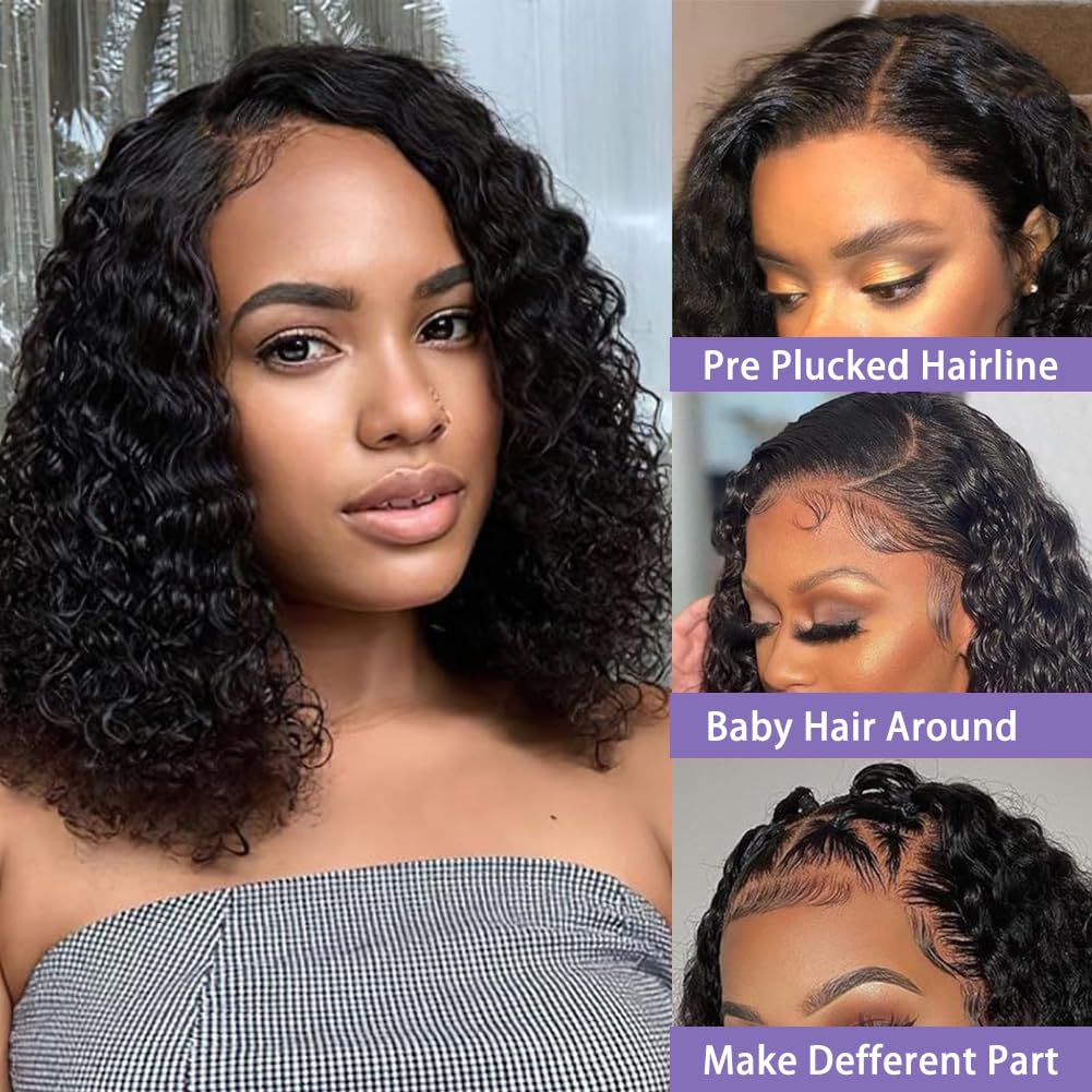 Bob Wig Human Hair 13x4 Deep Wave Curly Lace Front Wigs For Women Short Bob Wig Pre Plucked with Baby Hair Glueless Hair Curly Wigs Nature Hairline 150% Density Perruque Femme Humain (Natural balck 13x4 curly wig, 10 Inch)