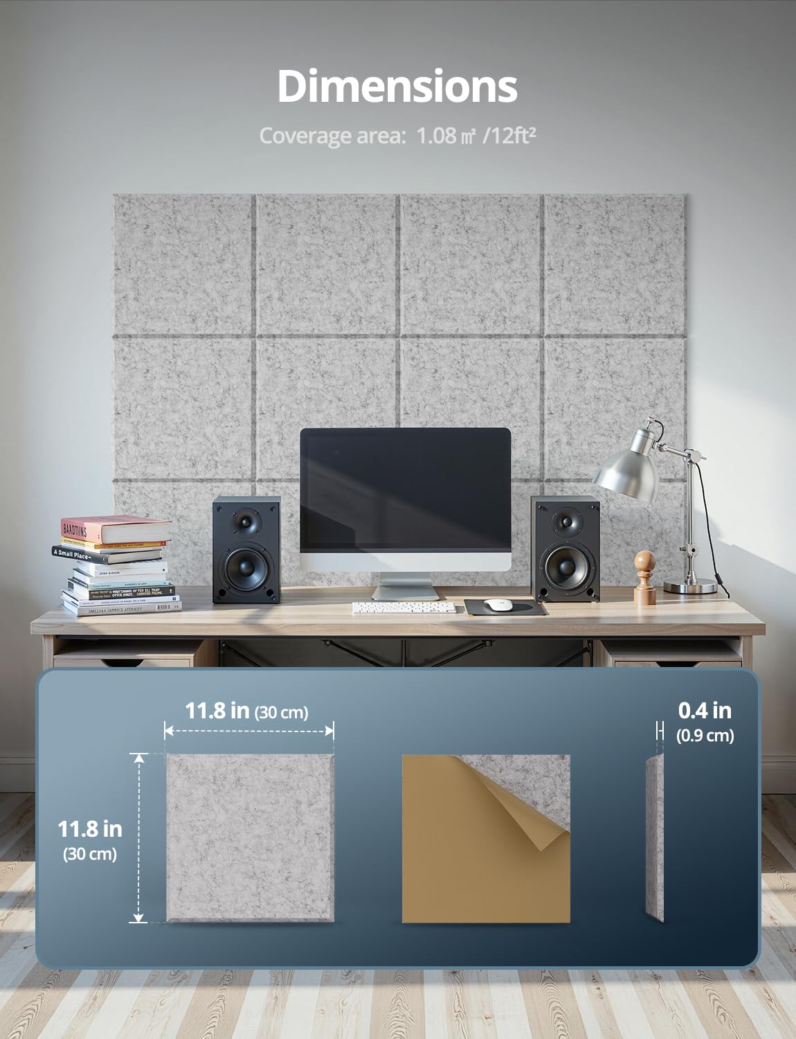 Square Acoustic Wall Panels, Sound Absorbing Panel for Walls, Ceiling, Doors, Self Adhesive Gray Decorative Acoustic Tiles for Recording Studio, Gaming Room, Office, Home, 12 Pack 12"x12"x0.4"