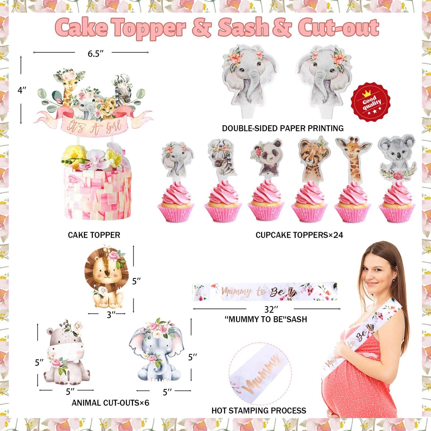 149 PCs Safari Baby Shower Decorations for Girl, Fiesec Jungle Themed Décor Backdrop Balloon Garland Arch Artificial Leaves Box Cutout Glitter Banner Cake Topper Sash Lion Cheetah Giraffe Pink