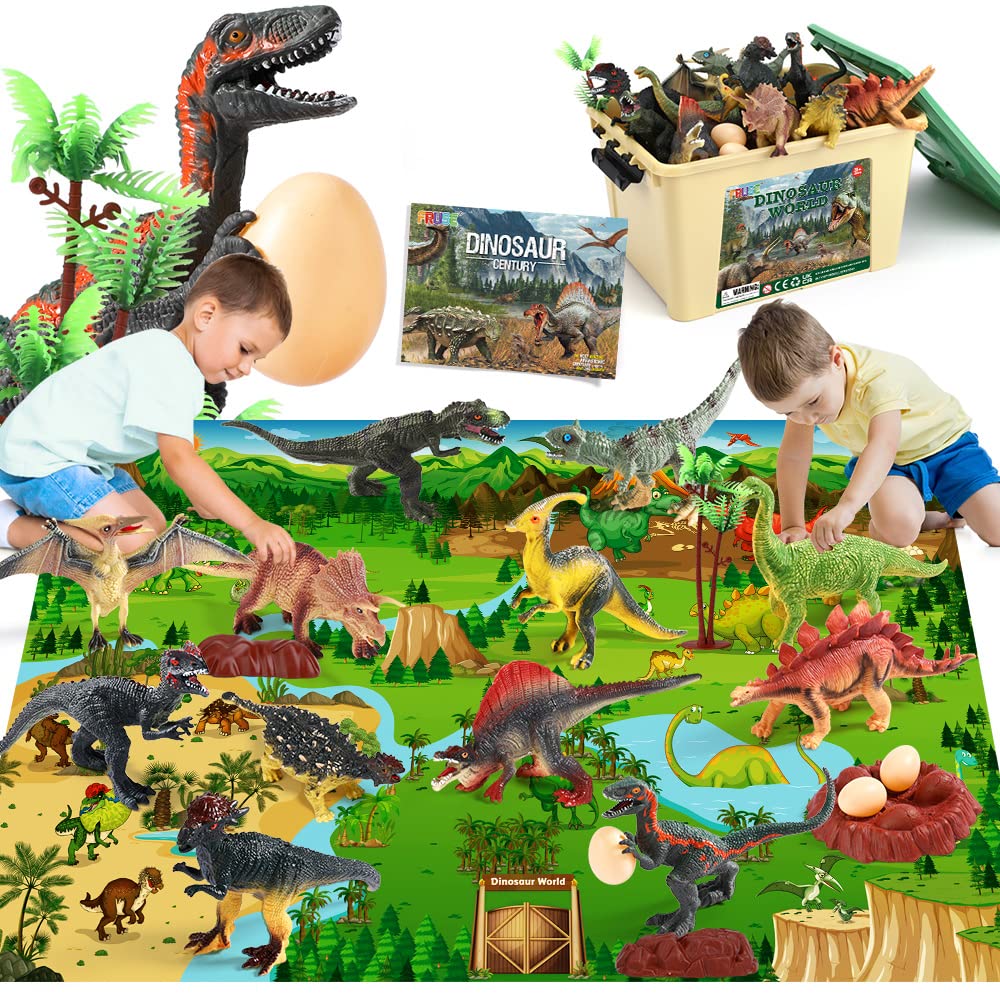 FRUSE Dinosaur Toys Figures,12 PCS Realistic Large Dinosaur Figurines with Jumbo Play Mat & Information Dino Book,Educational Dino Figure Playset Cake Topper Decoration for Kids