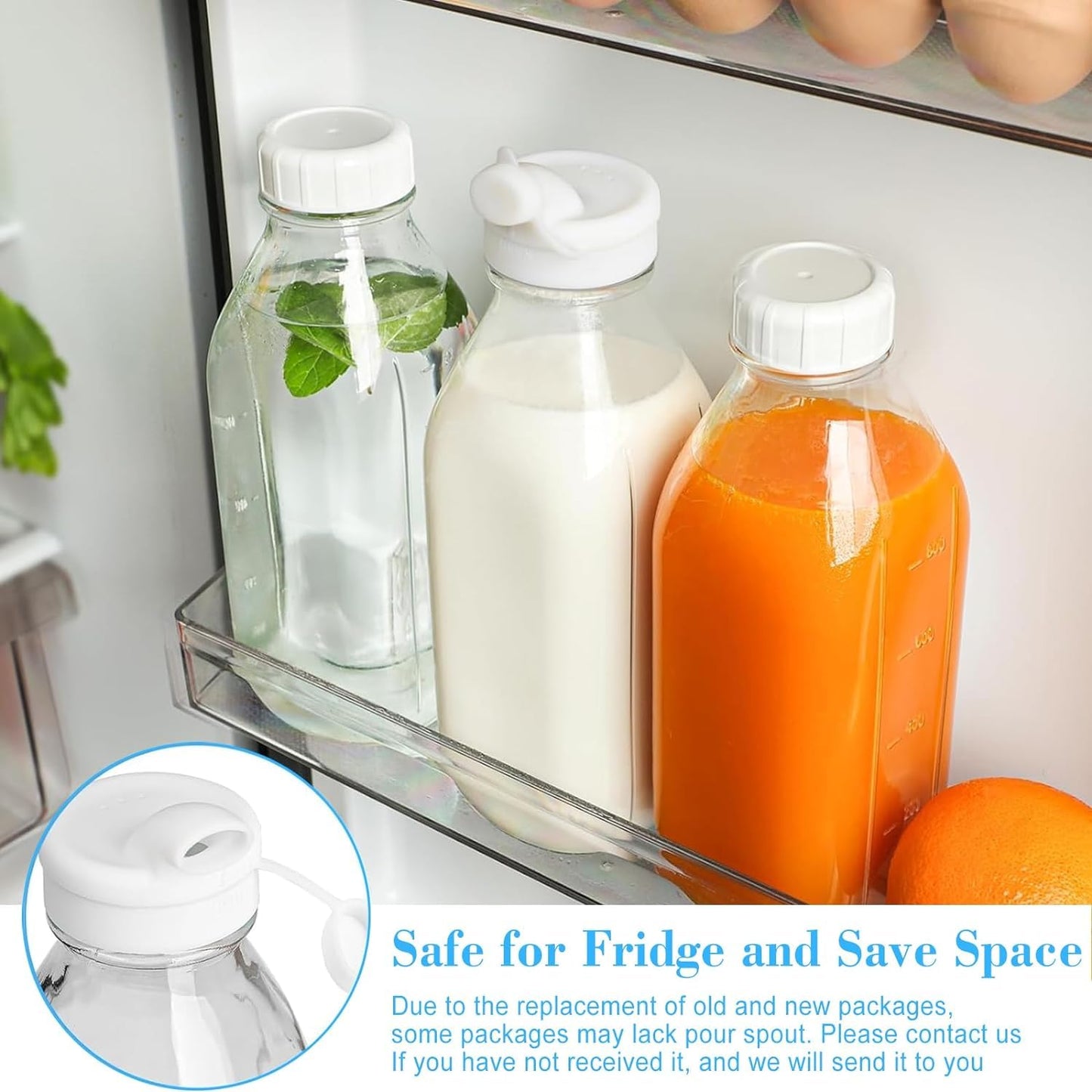 Liter Milk Container for Fridge w Scale and 2 Pour Spouts, 100% Airtight Lid - 4 Pack 32 Oz Glass Bottles w Lids - Juice Jugs for Almond Milk, Honey, Yogur - Dishwasher Safe,(Extra 2 Lids)