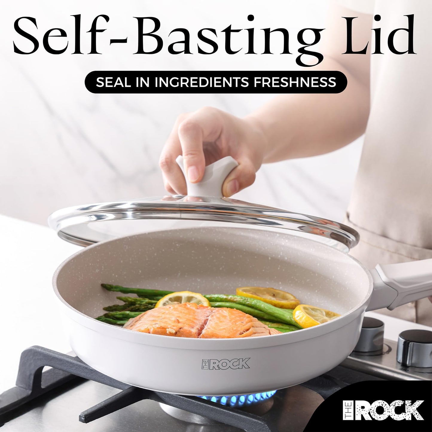 THE ROCK SOHO 9.5-Inch Non Stick Frying Pan with Lid–Nothing Sticks, Never Warps, Lasts Longer, Ceramic Non Toxic Skillet with Heat-Resistant Handle, PTFE PFOA&PFAS Free, Dishwasher Safe, Cream
