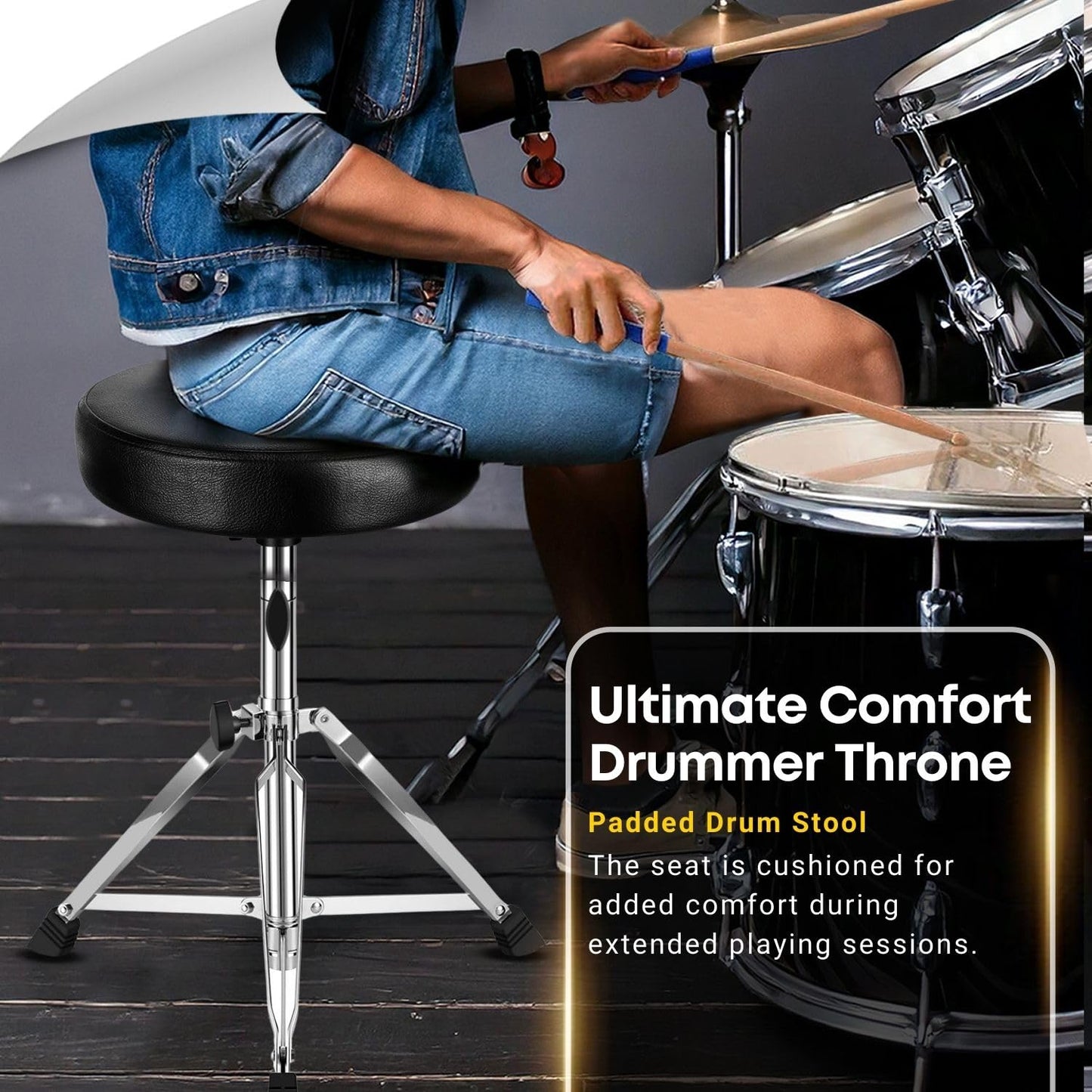 Flexzion Drummer Throne - Padded Drum Stool for Adults & Kids with Adjustable Height - Round Top Drummer Chair Seat with Foldable Tripod & Anti-Slip Rubber Feet for Beginner & Professional Musician