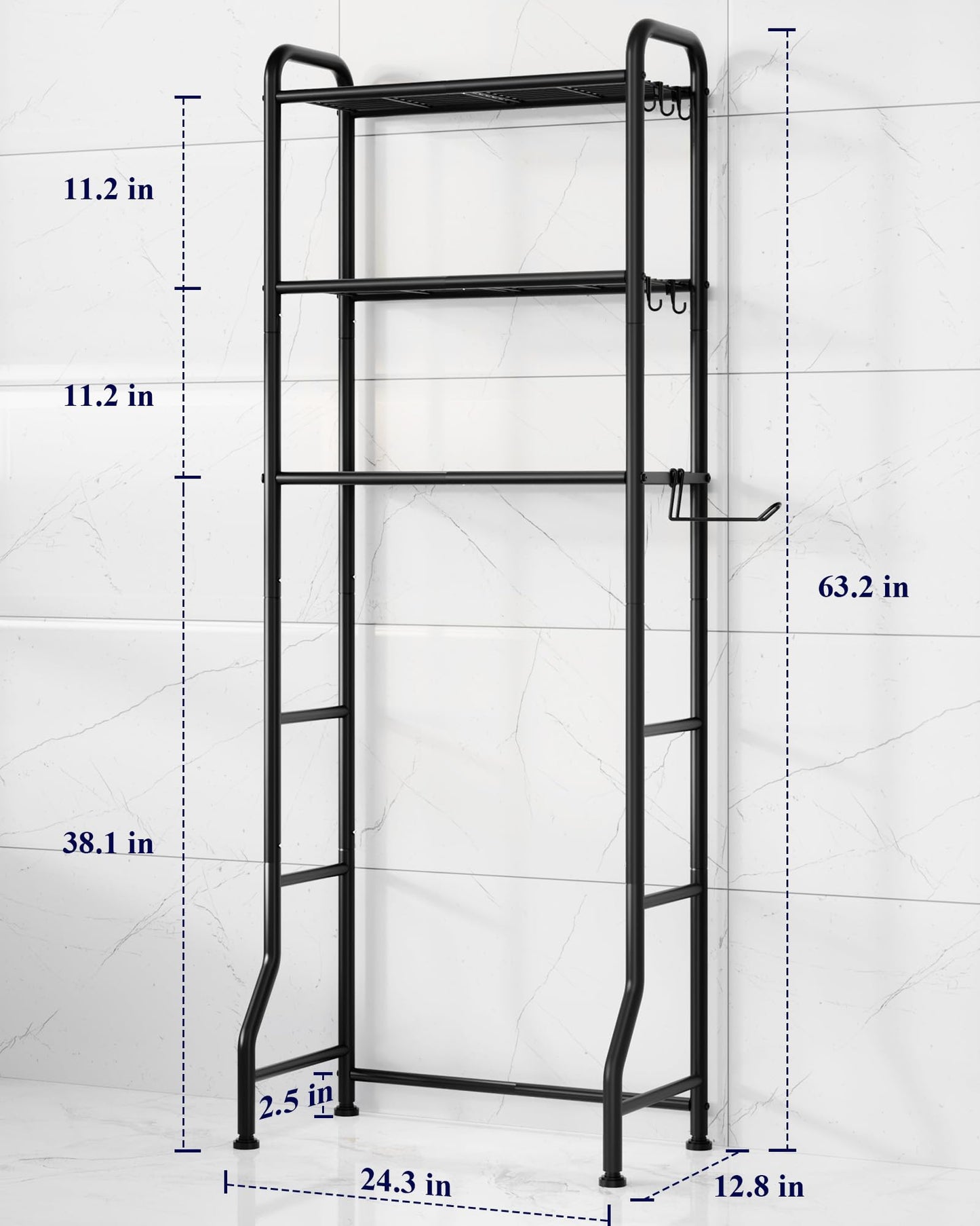 Kitsure Over Toilet Storage Rack – 3-Tier Black Metal Bathroom Organizer Shelf with Toilet Paper Holder & Hooks, Space-Saving Over the Toilet Cabinet for Laundry Room or Washroom, 63.2" H