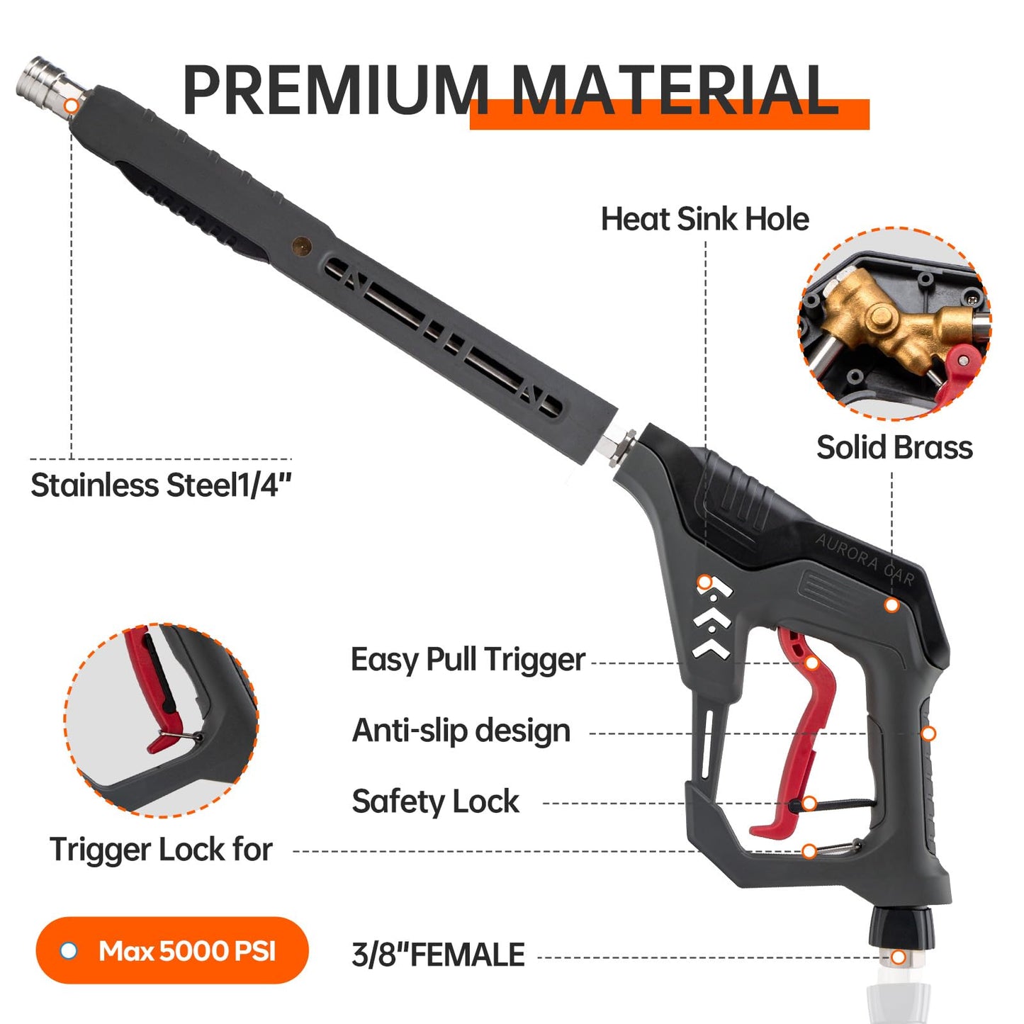 AURORA CAR Pressure Washer Gun with Swivel, with Replacement Wand Extension, with M22 14mm & 15mm Fitting, 3/8" Quick Connect Plug, 5 Nozzle Tips with Nozzle Holder, 5000PSI, 41 Inch, Stainless Steel