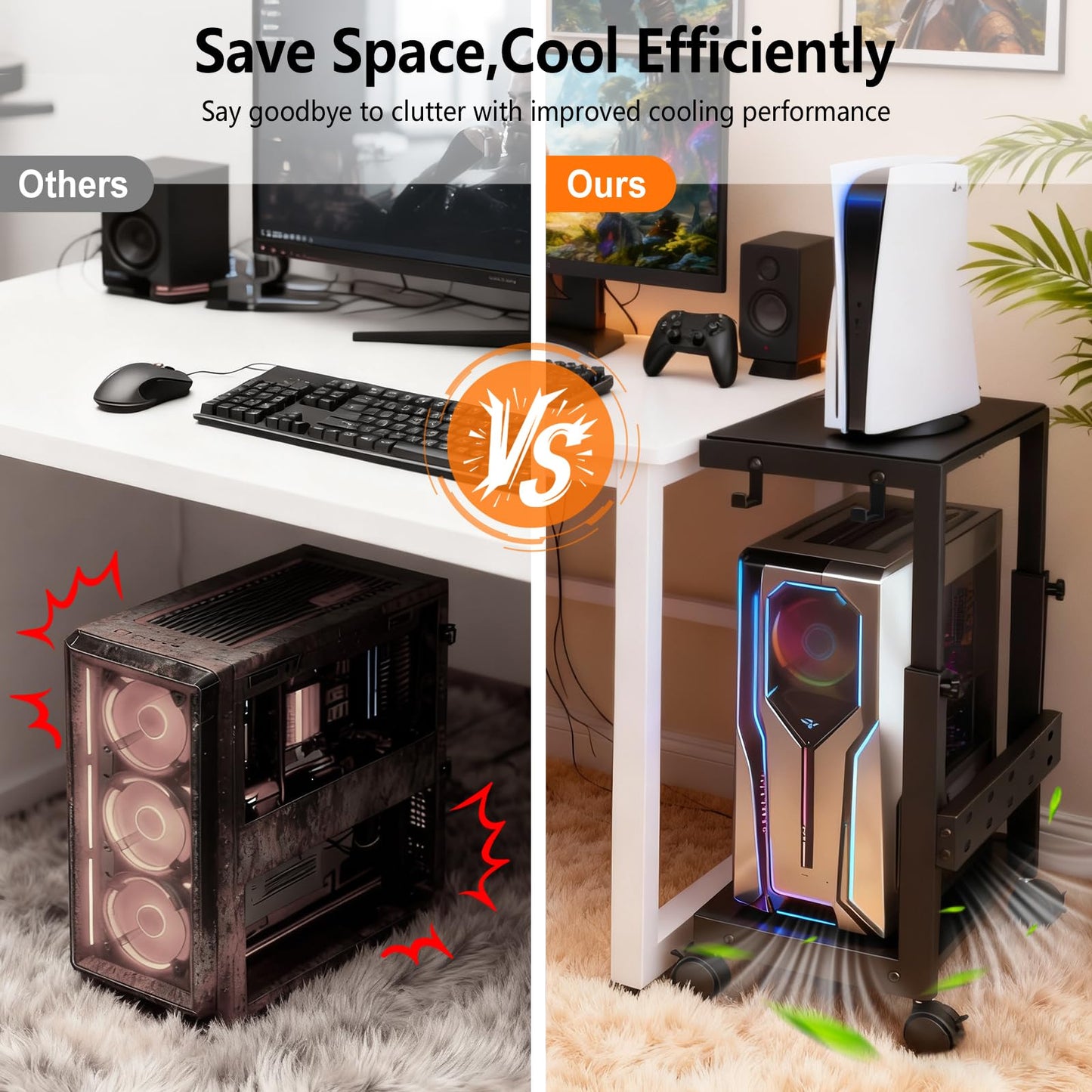 SWOK Adjustable Computer Tower Stand for Gaming & Office, CPU Stand with Mobile Wheels & Mouse Pad, Desktop Computer Stand for Floor, 24.6-28.7 Inches Tall, Computer Carts