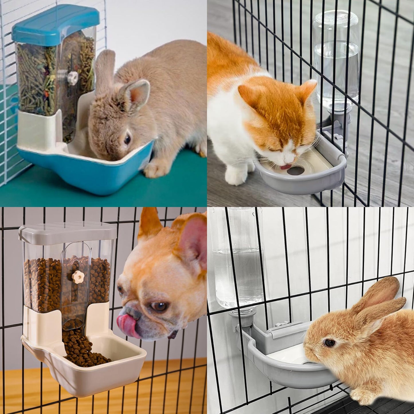 Automatic Pet Food Water Dispenser, Auto Gravity Pet Feeder Water Bottle Set for Cage, Feeding Station for Small Dog Cat Rabbit Guinea Pigs Chinchilla Ferret Hedgehog (Grey)