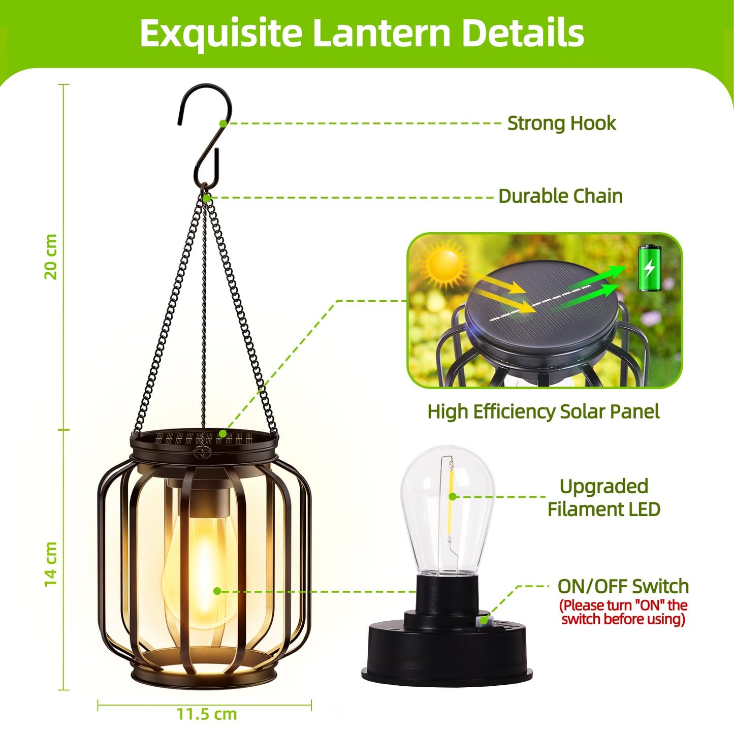 KOOPER Solar Lanterns Outdoor: 2 Pack Metal Solar Hanging Lanterns with Hook, Bright Waterproof LED Lanterns for Outside, Classic Decorative Solar-Powered Light for Yard Garden Patio Porch Decor
