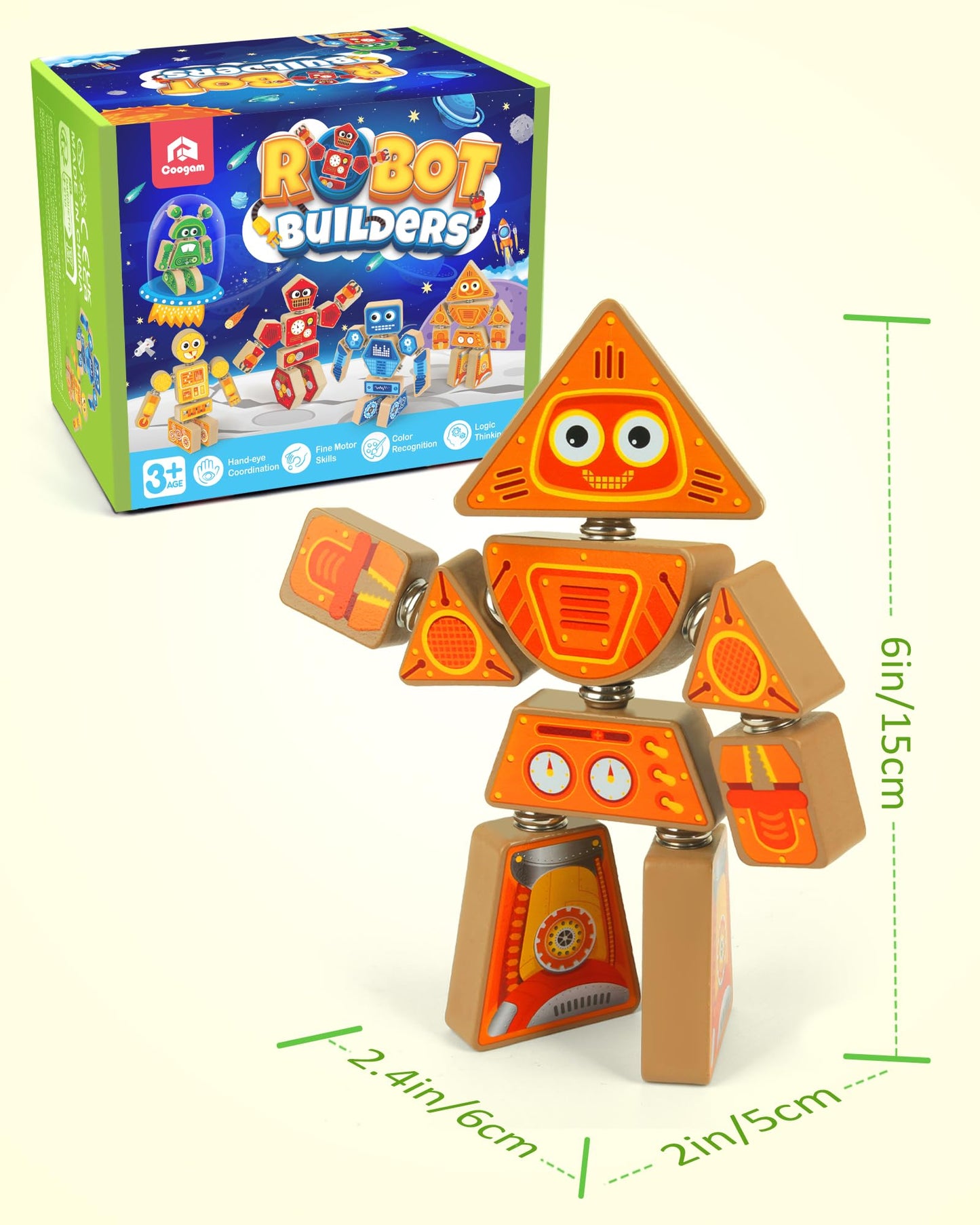 Coogam Take-Apart Robot Blocks Playset, Wooden Snap-Together STEM Building Toy, Fine Motor Construction Builder, Color Shape Educational Learning Toy Gift for Boys Girls 3 4 5 Year Old