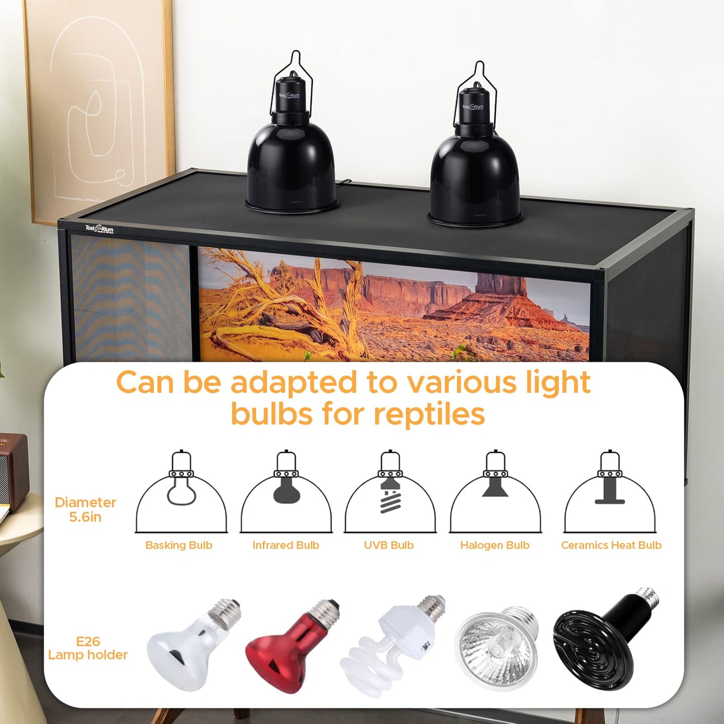 Reptile Light Fixture, 2-Pack 5.5-Inch Deep Dome Lamp Caps with Optical Reflection Cover, Heat-Resistant Design for Reptile Enclosures, Terrariums, and Amphibian Habitats