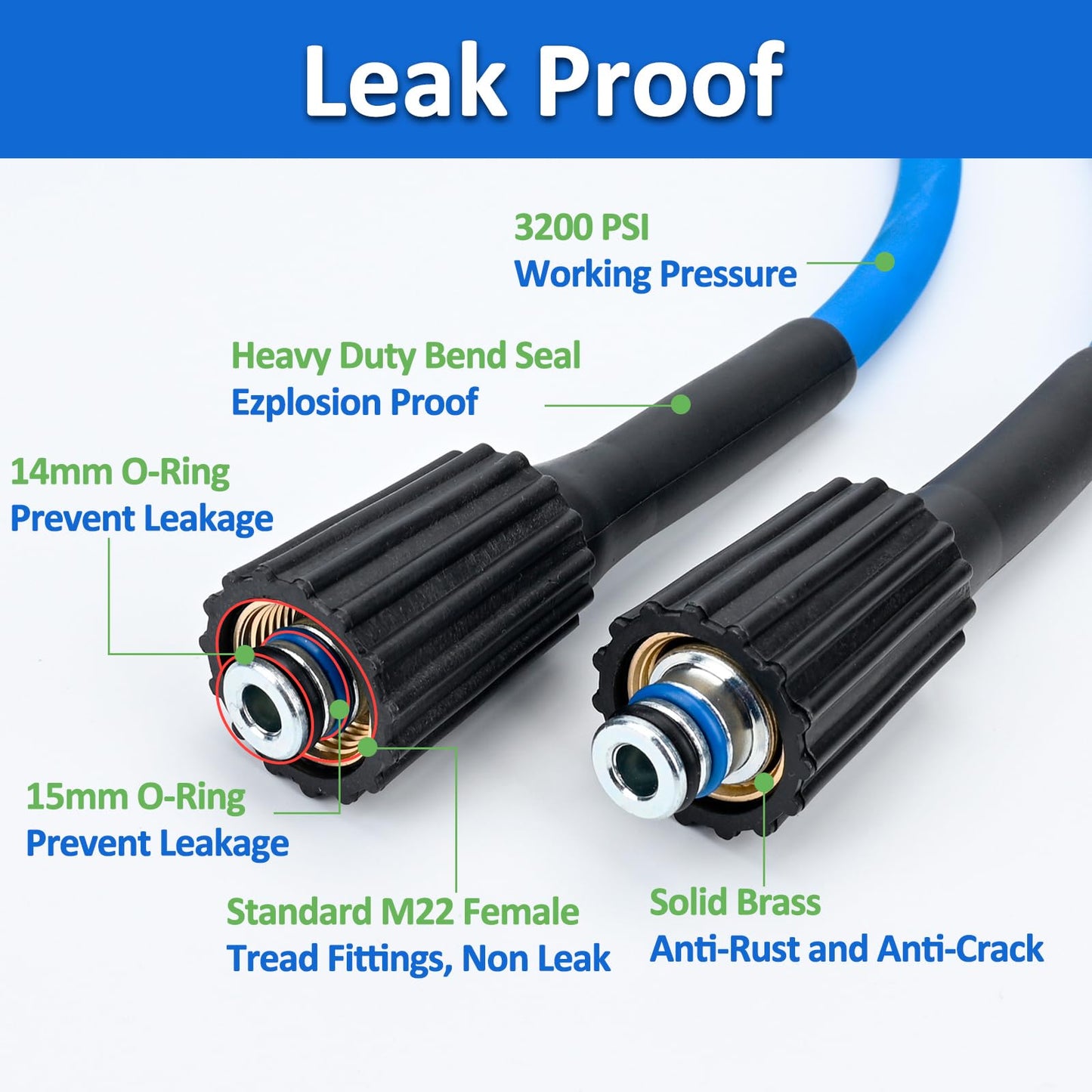 Super Flexible Pressure Washer Hose M22 Brass Fitting 32ft 1/4" 3200PSI, Kink Resistant Extension Hose,Power Washer Hose Replacement for Ryobi, Troy Bilt, Greenworks, CRAFTSMAN Most Brand Power Washer