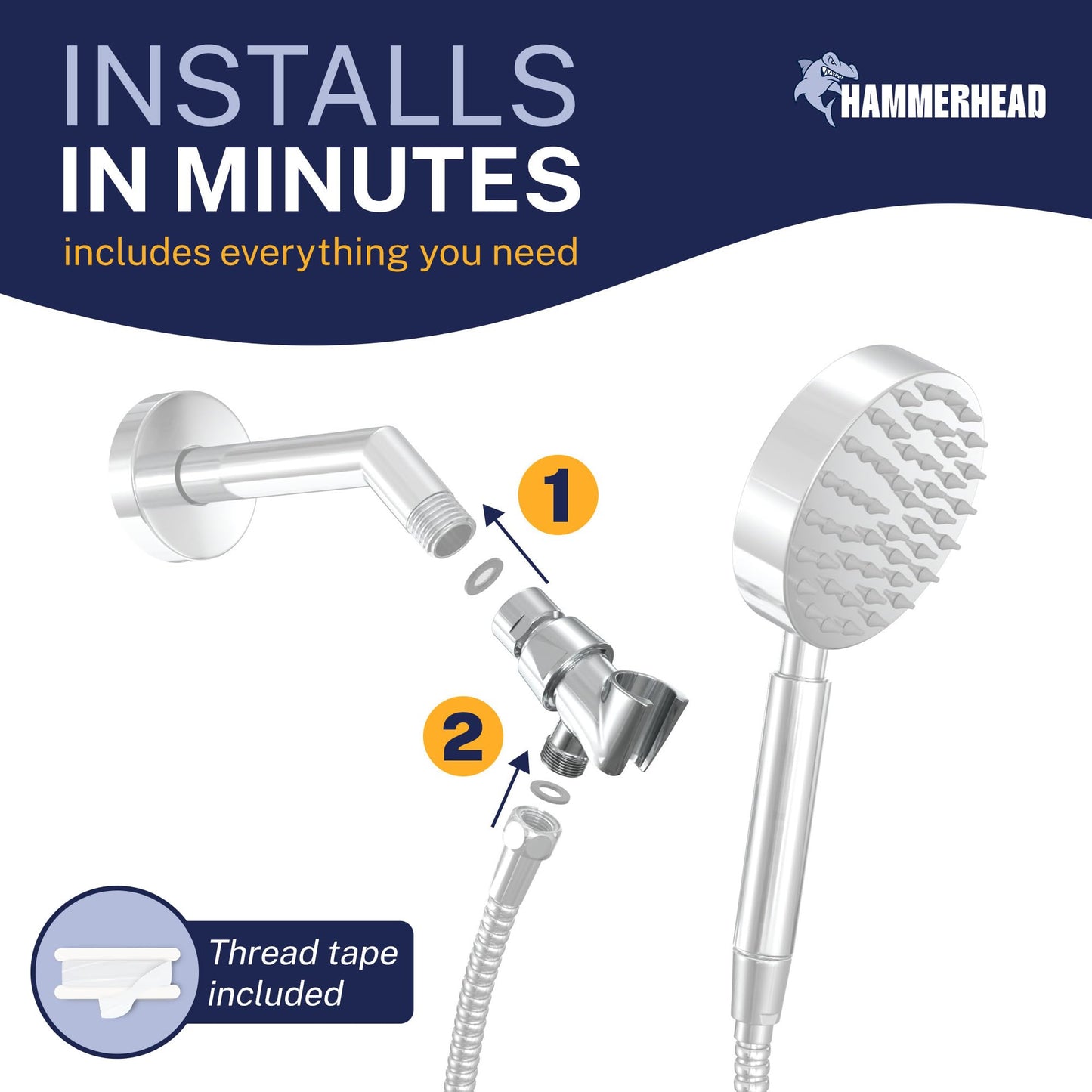 HammerHead Showers® All Metal Handheld Shower Head Holder - Chrome - Adjustable Shower Wand Holder with Universal Wall Hook Bracket and Pivot Ball - Hand Held Shower Head Holder - Shower Hose Holder