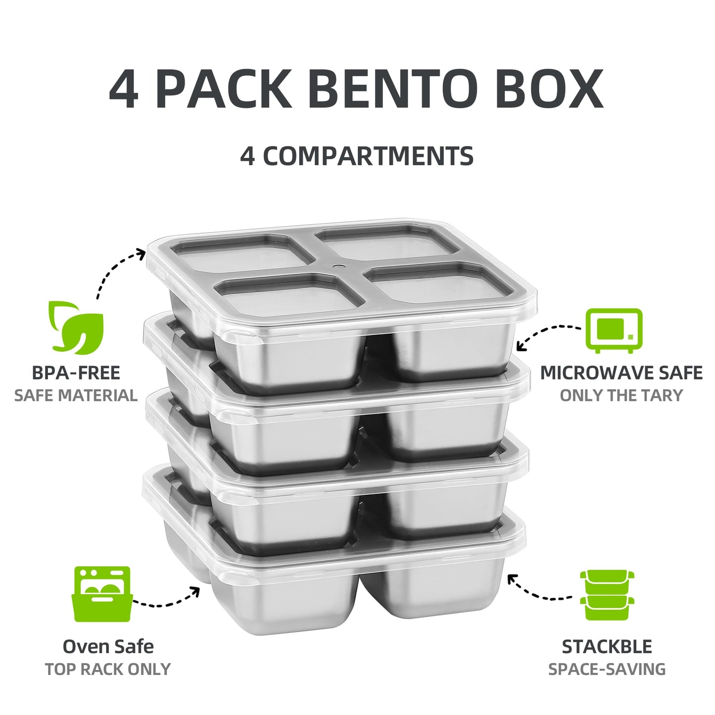 BEFOY 4 Pack Stainless Steel Snack Containers with Lids - 4 Compartment Food Storage Containers for Adults & Kids - Meal Prep Reusable Bento Lunch Box - Silver