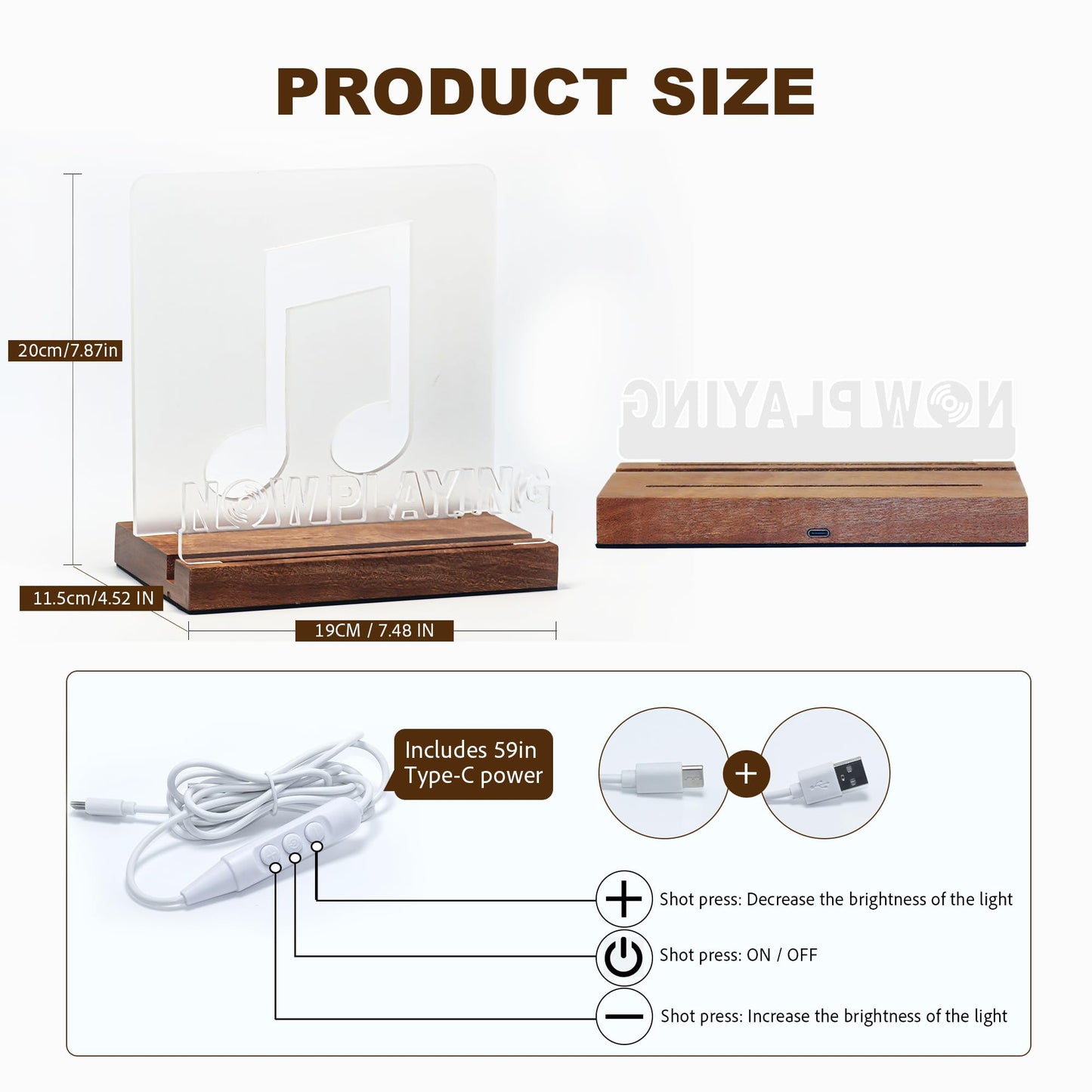 Rodioer Now Playing Vinyl Record Stand with Adjustable Brightness, 5mm Acrylic & Wood Base Desktop Holder for 12" Vinyls, Gift for Music Lovers
