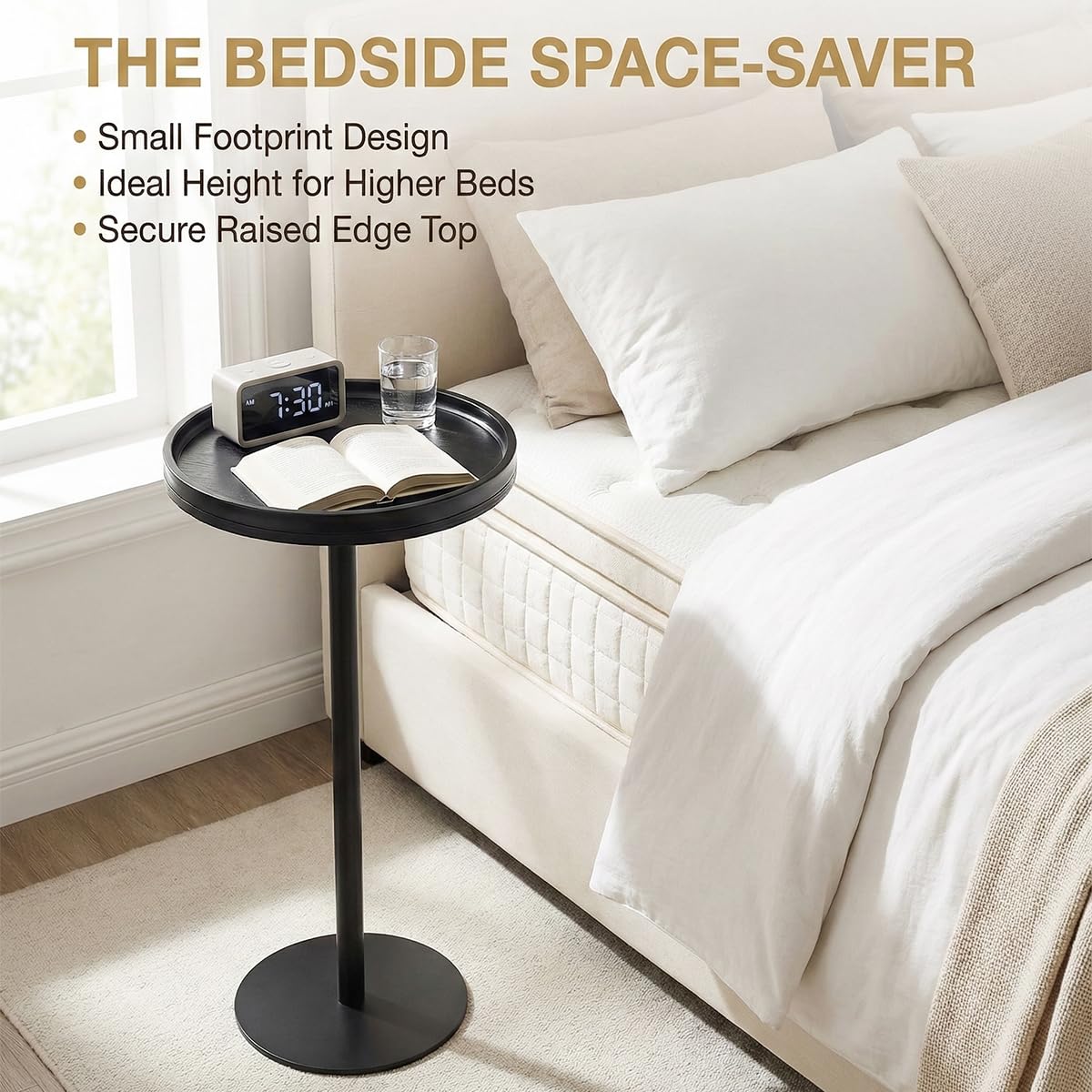 ZEXVIDA Black Industrial Martini Table,Round Drink Table,Modern Pedestal Side Table with Black Wood Grain Tray Top, Weighted Metal Base End Table for Living Room,Small Spaces,Next to Sofa, 24.7" Tall