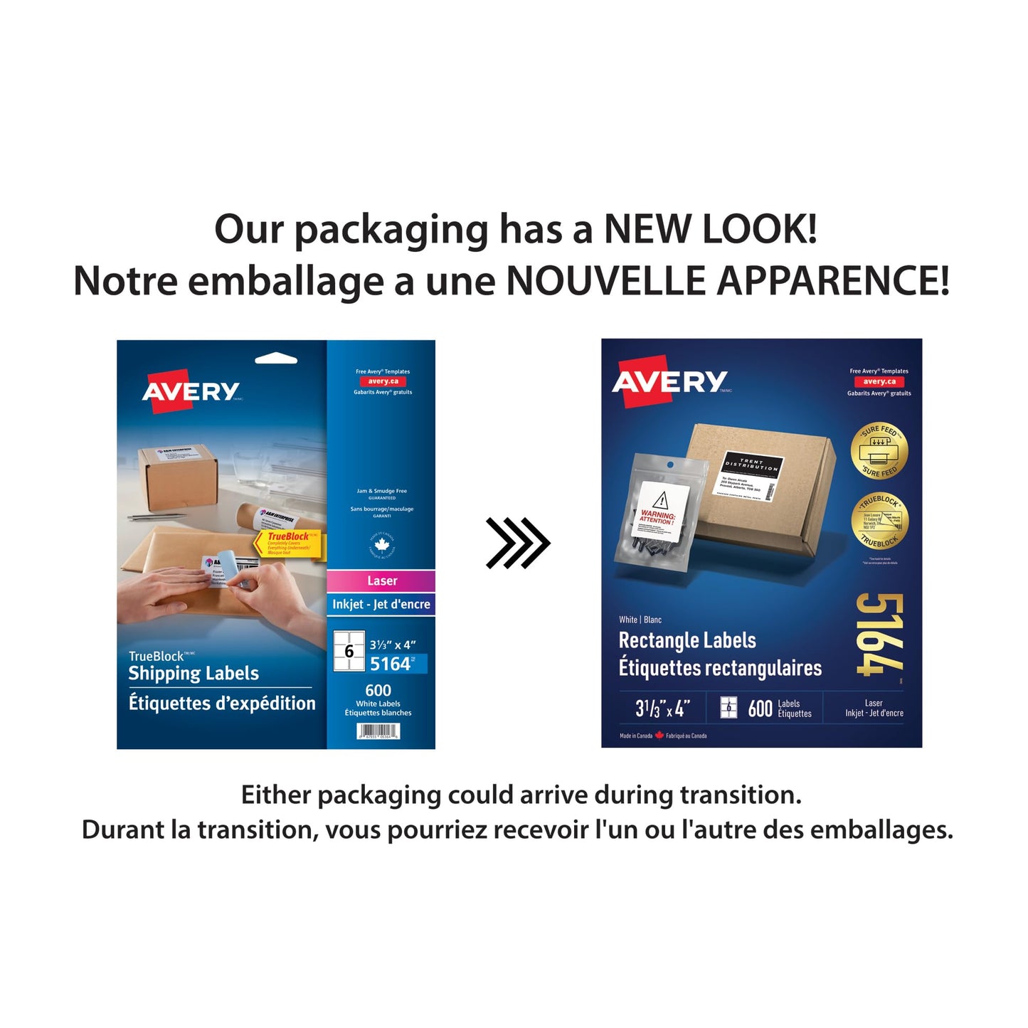 Avery TrueBlock Shipping Labels for Inkjet/Laser Printers, 3⅓" x 4", White, Rectangle, 600 Labels, Permanent (5164) Made in Canada