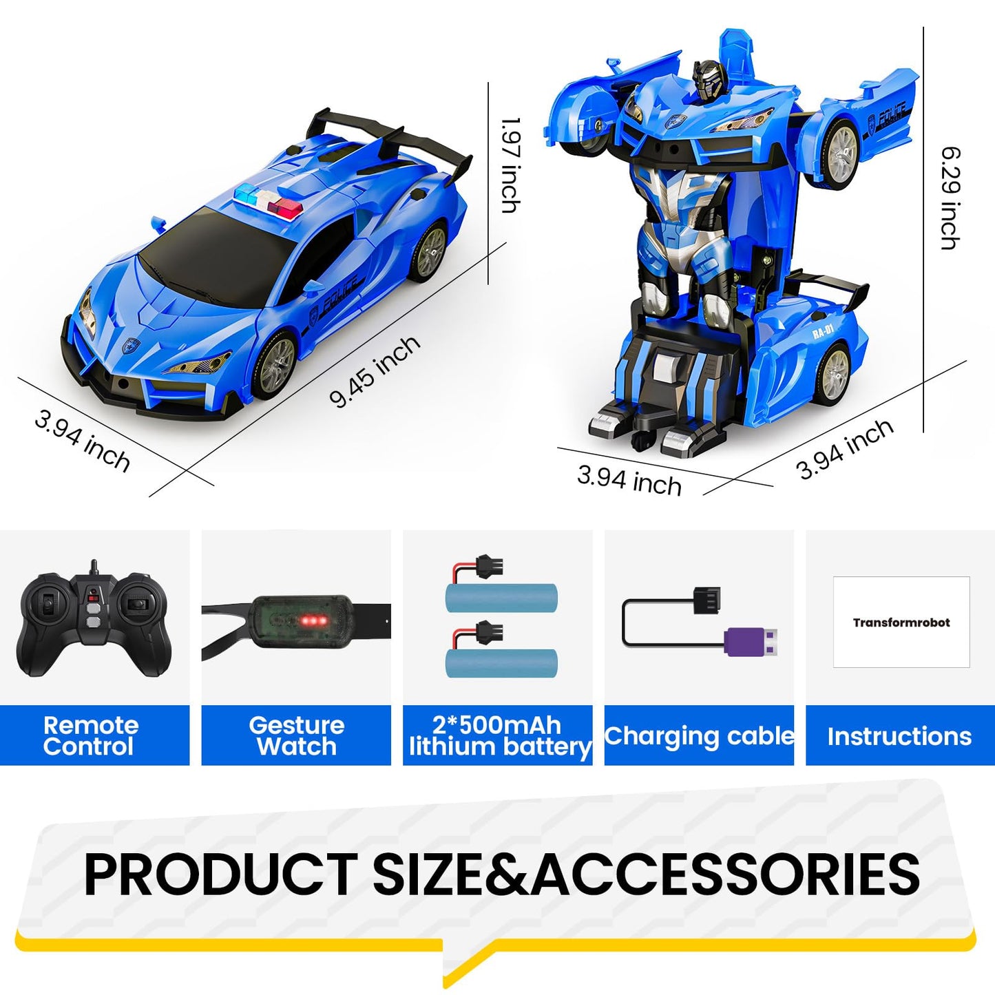 Tecnock Remote Control Car - Gesture Sensing, Transform Robot RC Cars for Kids, 2.4GHz One Button Transformation Robot Toy with LED Lights, Police Car Toy Gift for Age 8-12 Boys/Girls