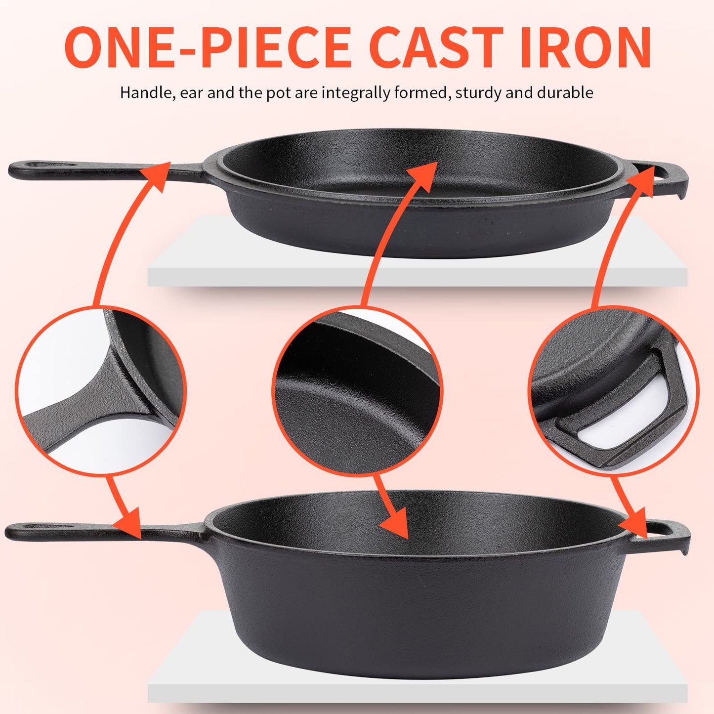 Overmont 2-in-1 Cast Iron Dutch Oven - 3.2QT Deep Pot with Frying Pan Lid & Recipe, Pre-seasoned Multi Cooker Skillet Suitable for Grill, Baking, Induction, Stovetop