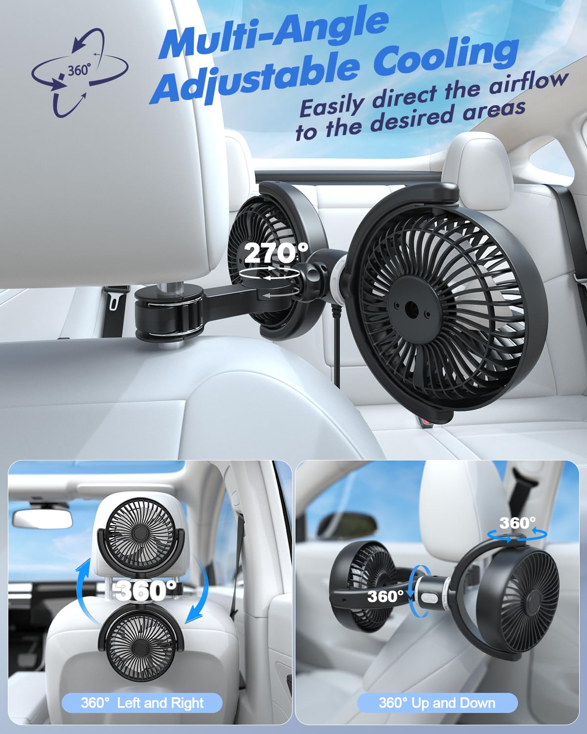 Dual Head Car Fan for Backseat: USB Powered Car Cooling Fans for Baby 3 Speeds 360°Rotatable Quiet Vehicle Rear Seat Headrest Fans 5V for Sedan SUV RV Truck (Black+Grey)