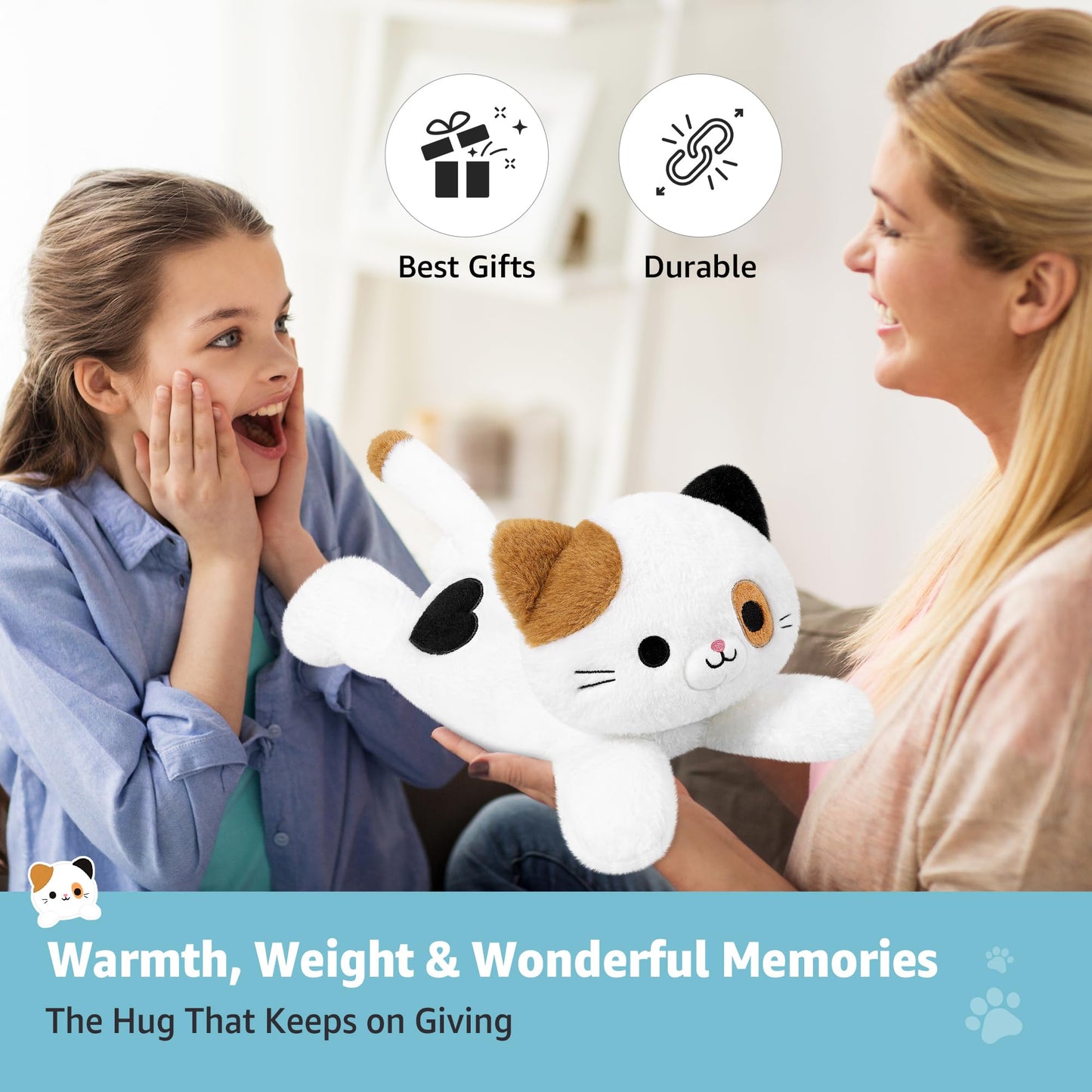 Onsoyours Original Heatable & Weighted Calico Cat Stuffed Animals, 15 inch Microwavable Kitten Plushie for Warmth & Stress Relief - Comfort Soft Plush Toys for Kids and Adults