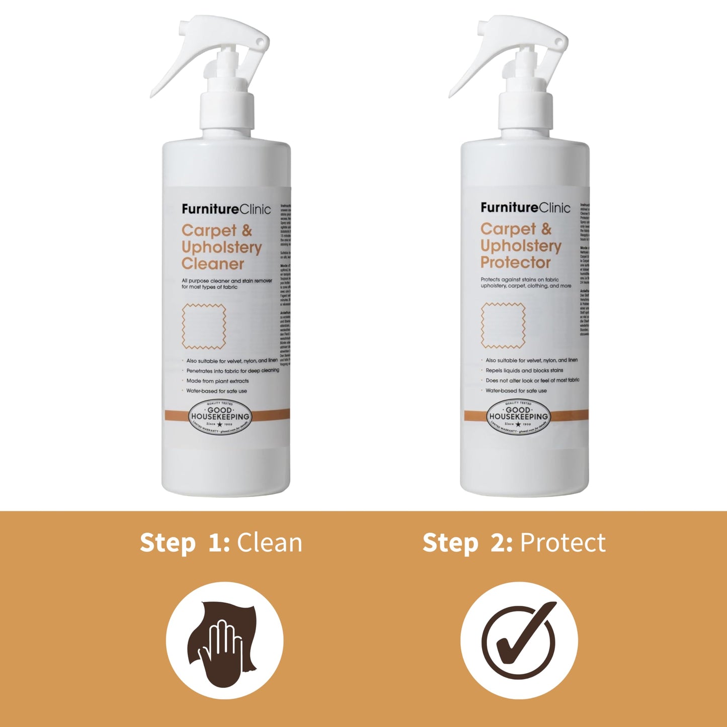 Furniture Clinic Fabric Care Kit | Clean, Protect, & Prevent All Liquid Stains, Odors, and Dirt for Upholstery, Carpet, Furniture, Fabric, Textiles | Contains Cleaner and Protector Sprays