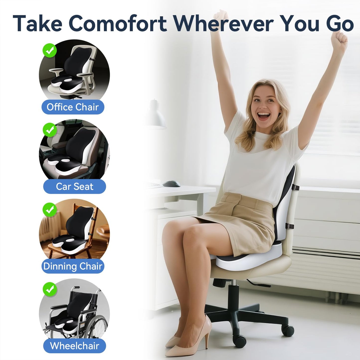 Travel Ease Memory Foam Seat Cushion & Lumbar Support Pillow Set, Ergonomic Comfort for Office Chair, Car Seat, Home Use & Travel, Chair Pad for Back and Butt Support, Black
