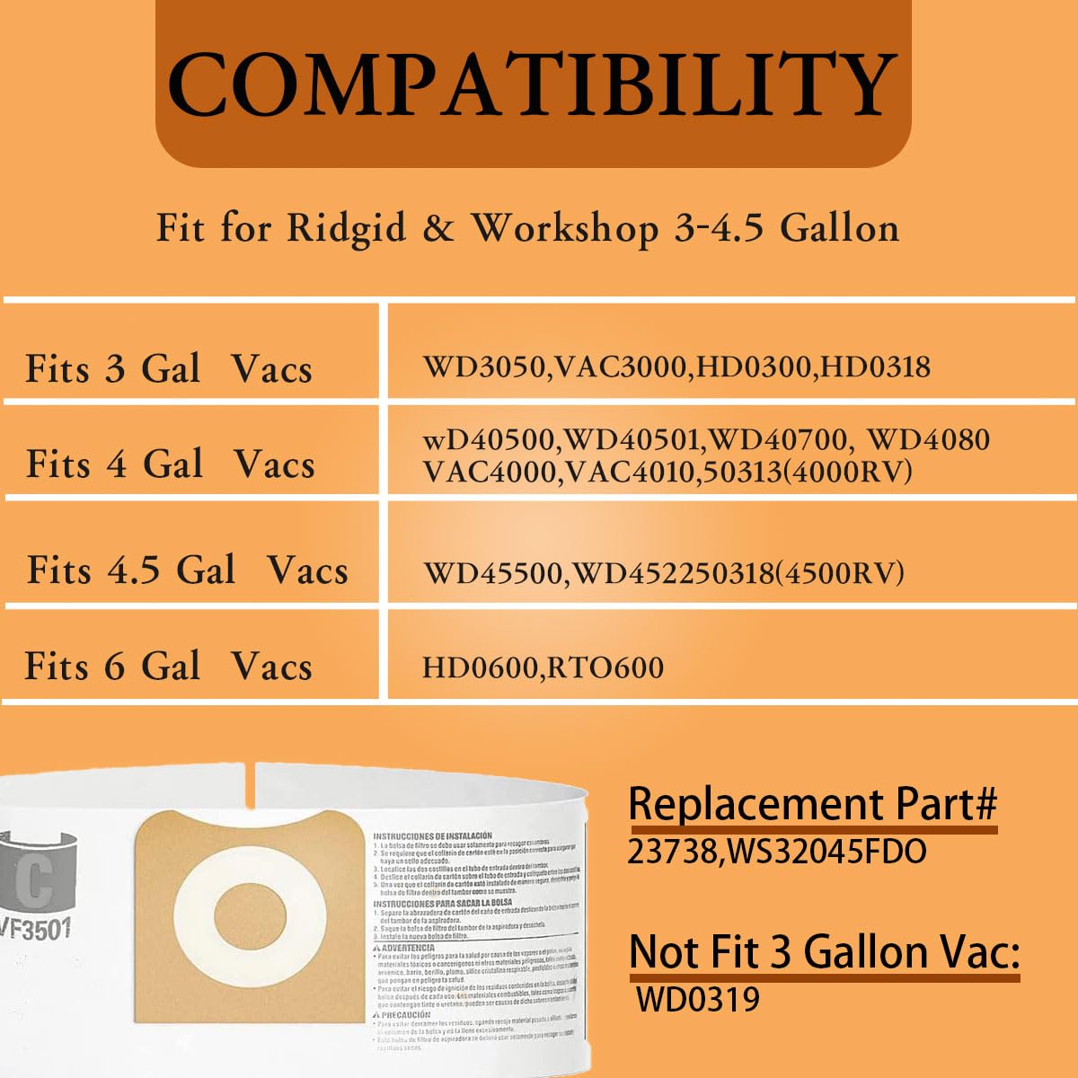 COJINLDFEI 12 Pack VF3501 Shop Vac Bags,Compatible with Ridgid Vacuum 3 to 4.5 Gallon Dust Bags Workshop Dry Vac Bags WS32045F
