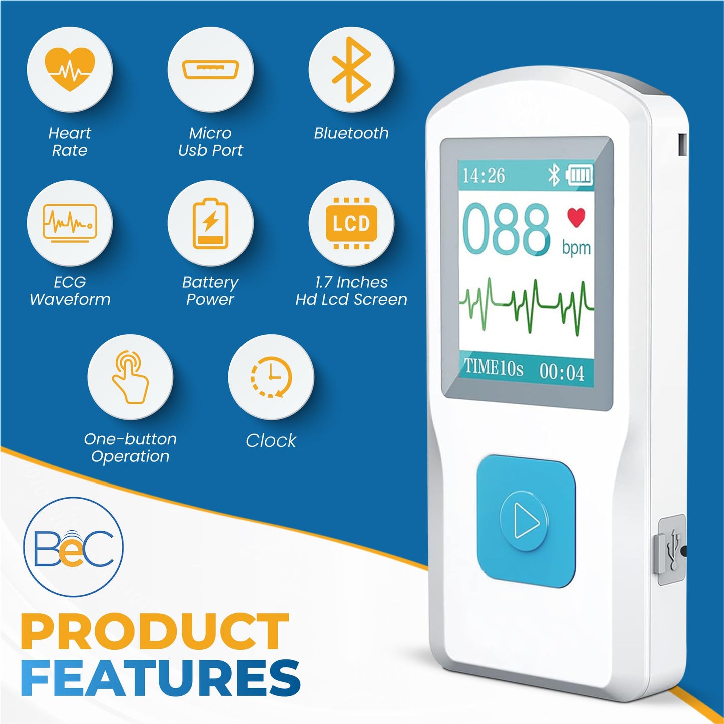 BEC Portable ECG Monitor - Electrocardiograph Monitors in Less Than 30 Seconds, no Need for a Smartphone, All Measurements are Done on Device