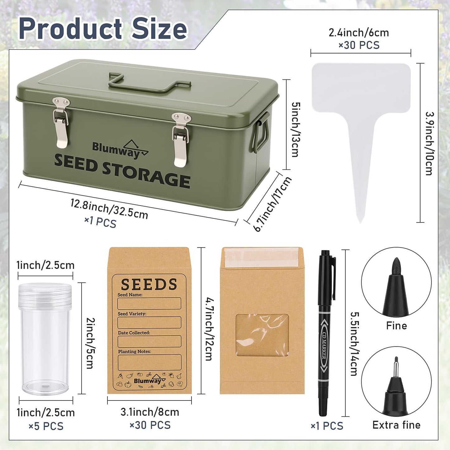 BlumWay Seed Storage Organizer, Metal Seed Saving Box with Lid, Seed Storage Container with Safety Locks, 4 Compartments Seed Packet Organizer, Garden Seed Bin for Plants Flower- Green