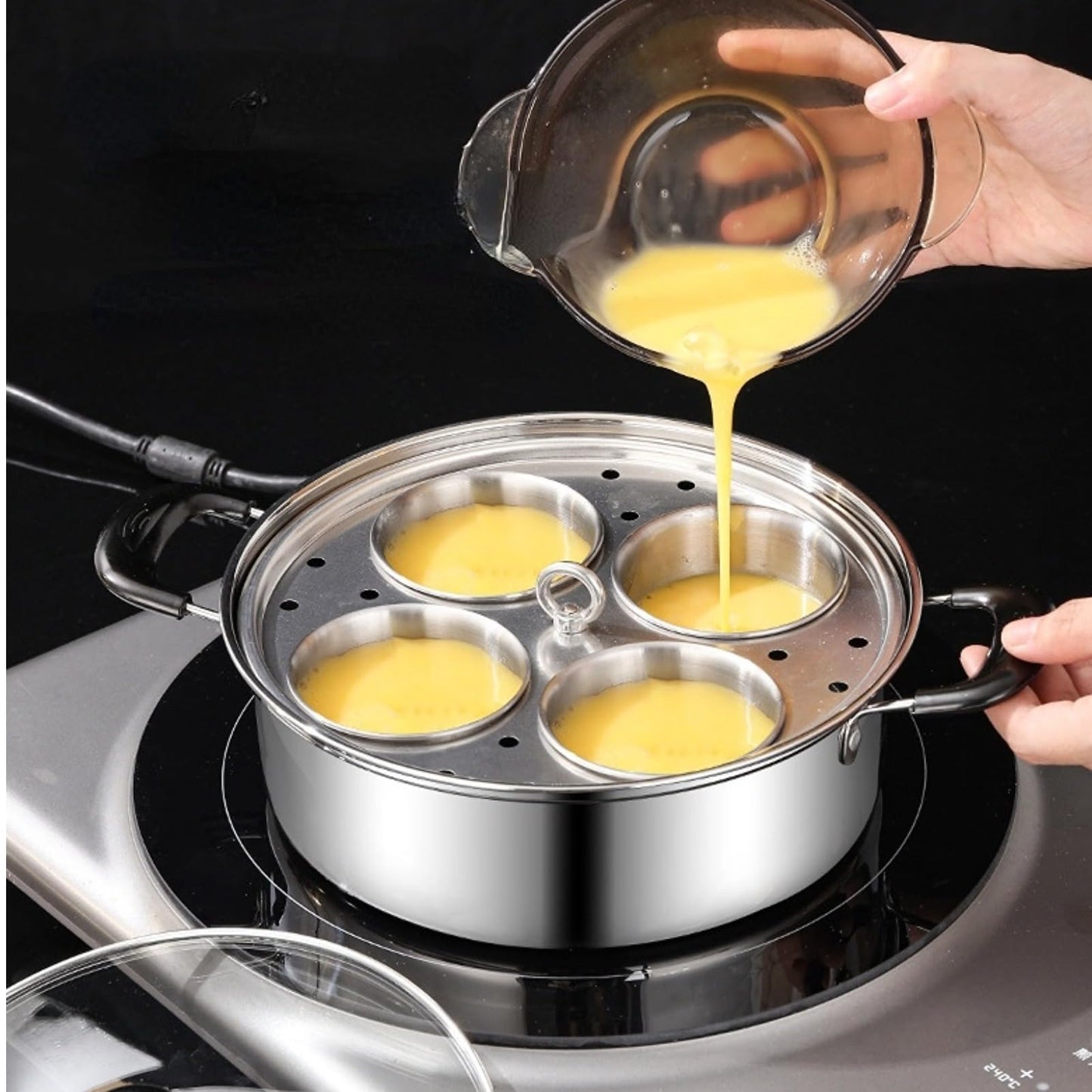 GOVNPJ Egg Poacher Pan, 4-Cup Stainless Steel Egg Poacher, Silver