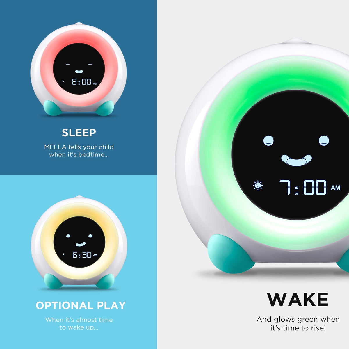 LittleHippo Mella: Ready to Rise Children's Sleep Trainer, Night Light, Sound Machine and OK to Wake Alarm Clock for Toddlers and Kids - Arctic Blue