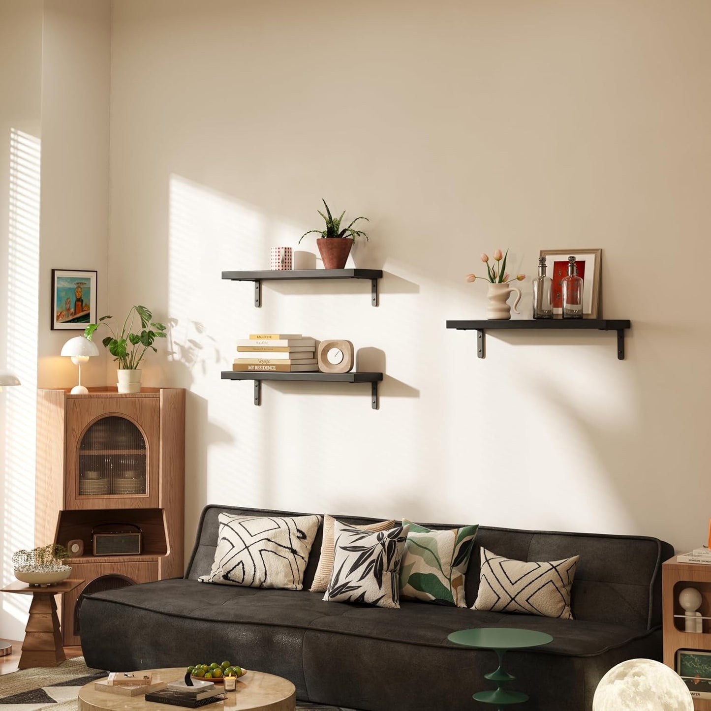Flrrtenv 16 Inch Floating Shelves, Wall Mounted Shelves Set of 6, Wood Corner Book Floating Shelf,Room Decor for Bedroom, Living Room, Kitchen, Bathroom, Display Shelf Storage Black