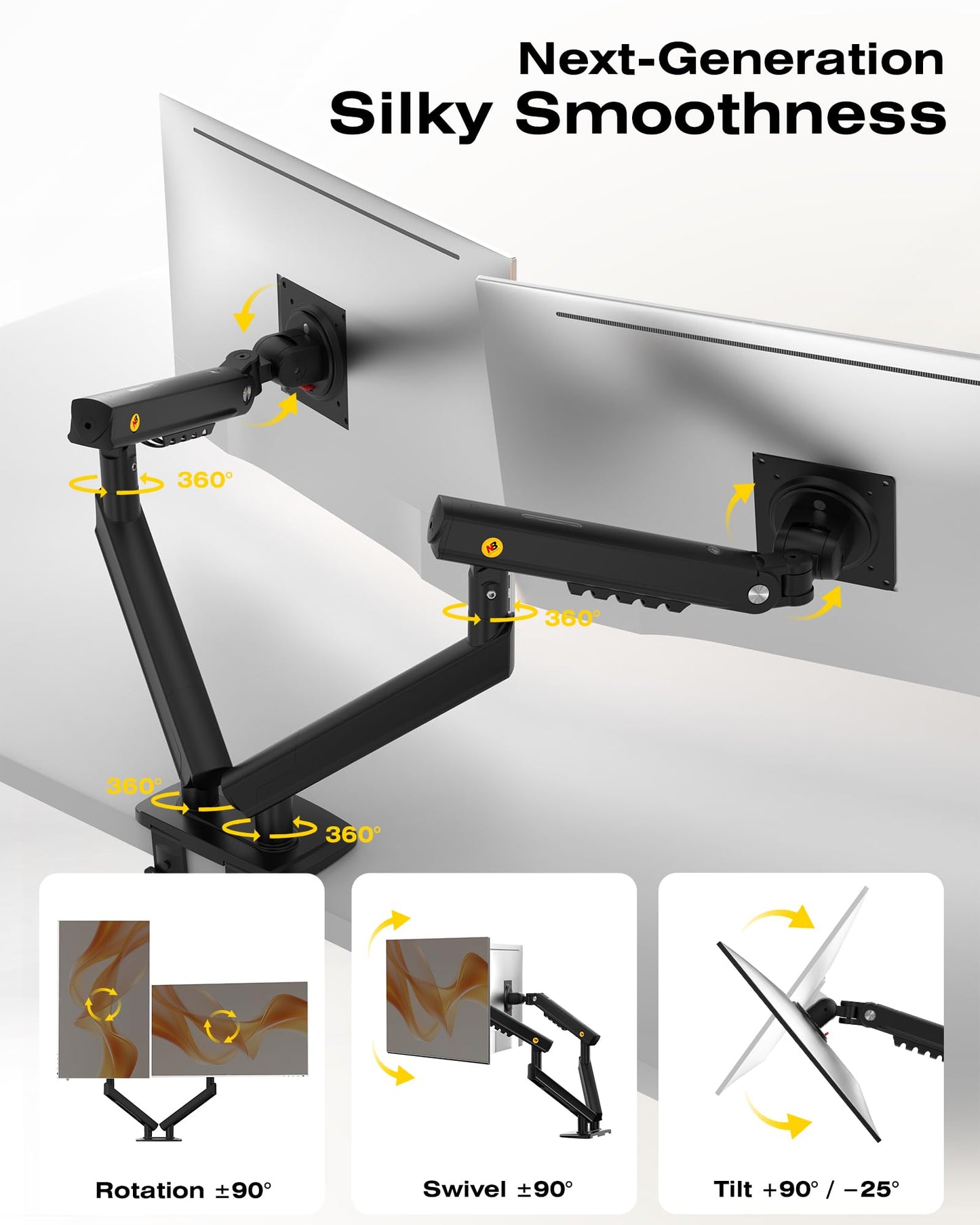 NB SmooVex™ Single Monitor Arm for Monitors 17'' to 32 inch, Mechanical Spring Mount Load up to 9 kg, VESA 75/100 mm Monitor-Mount A5 (Black-Dual)