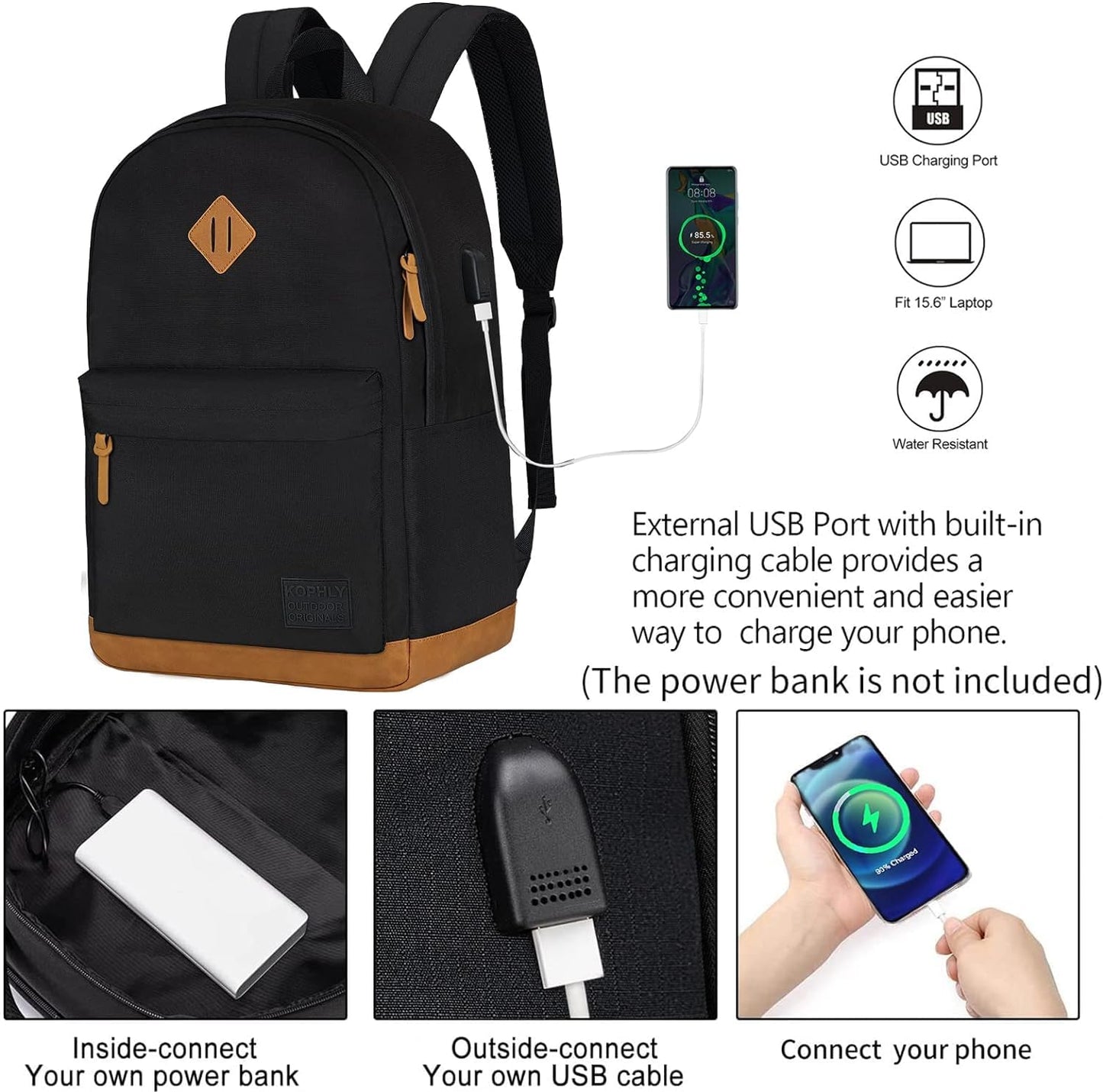 KOPHLY Large Travel Laptop Backpack with USB Charging Port for Men and Women, Work Backpack, Classic Backpack for College, Travel(18Inches/Black)