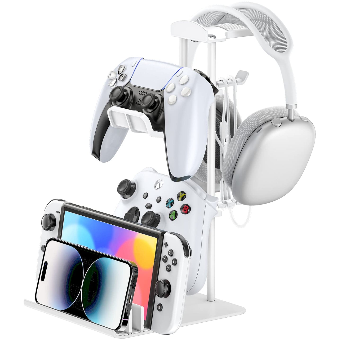 KDD Headphone Stand, Game Controller Holder & Headset Holder for Desk, Earphone Stand with Aluminum Supporting Bar, Universal Storage Organizer Headphones/Controller/Switch/iPad/Mobile Phone(White)
