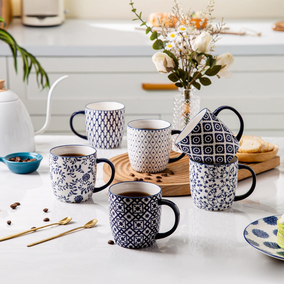 Cerkik Ceramic Coffee Mugs Set - 10 Oz Large Porcelain Tea Cups with Handle for Cappuccino Latte Cocoa Milk - Christmas Housewarming Gift - Microwave Dishwasher Safe - Set of 6 - Vintage Blue